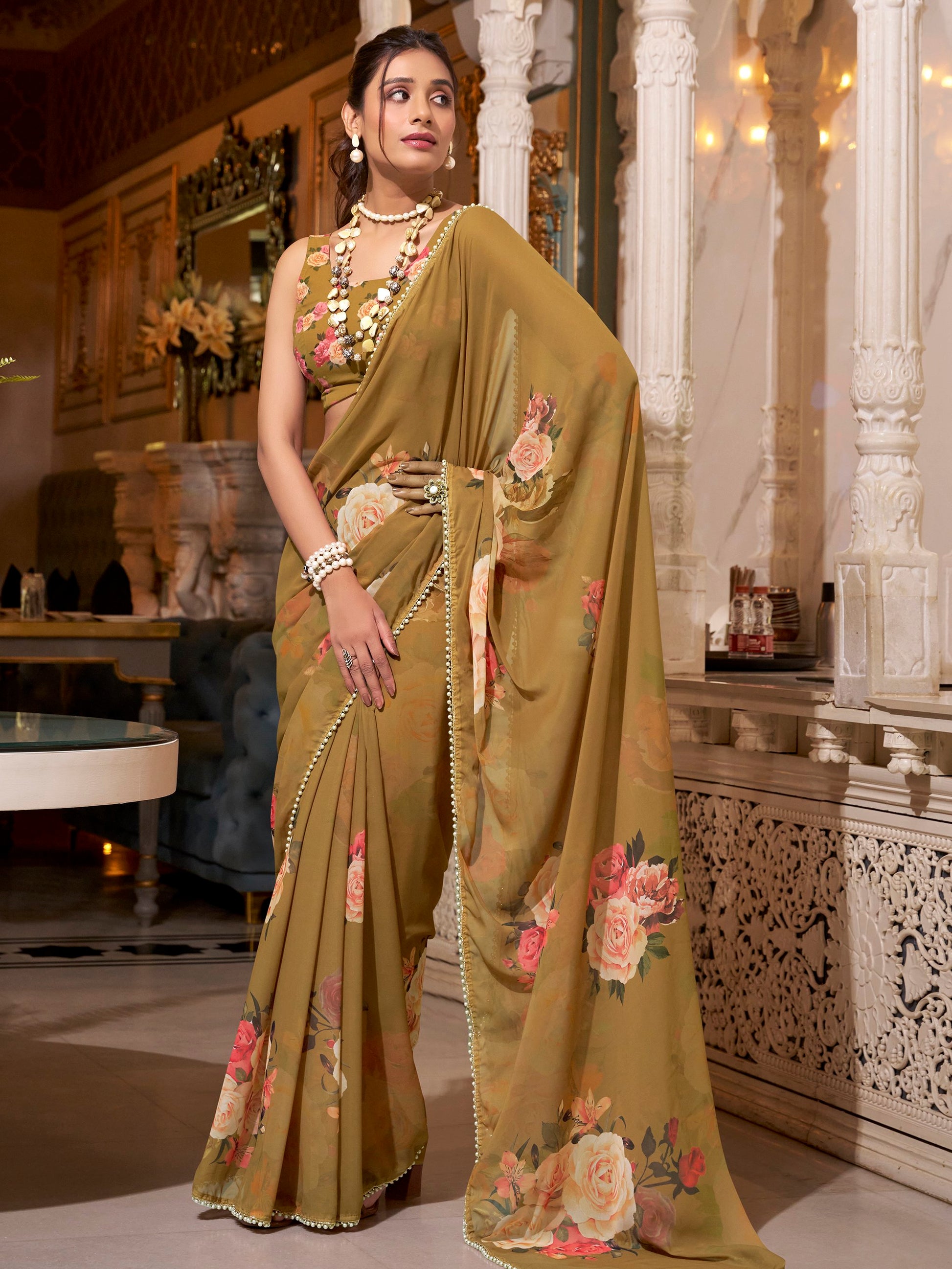 Charming Brown Digital Printed Georgette Casual Wear Saree With Blouse