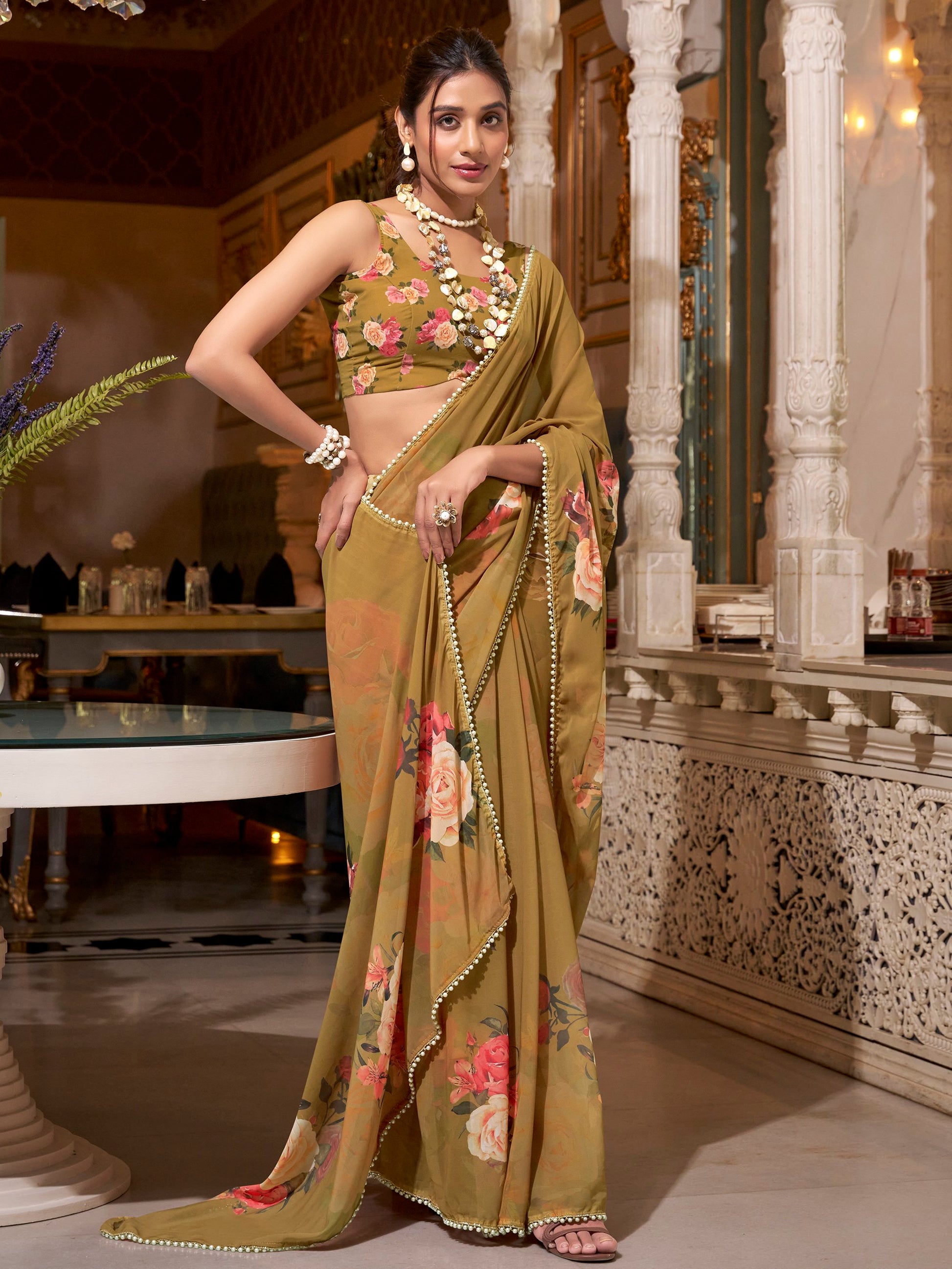 Charming Brown Digital Printed Georgette Casual Wear Saree With Blouse