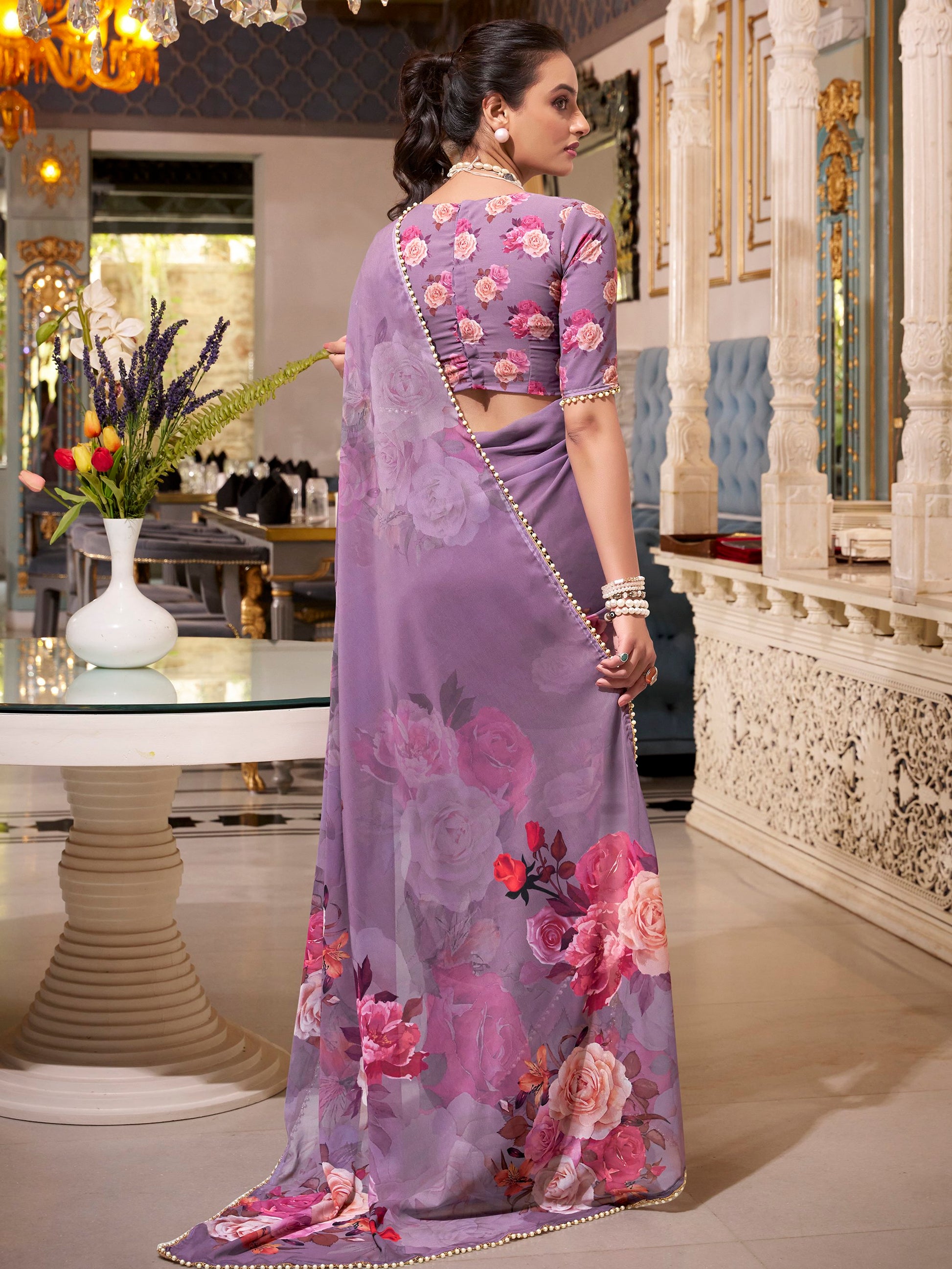 Alluring Grey Floral Printed Georgette Event Wear Saree With Blouse