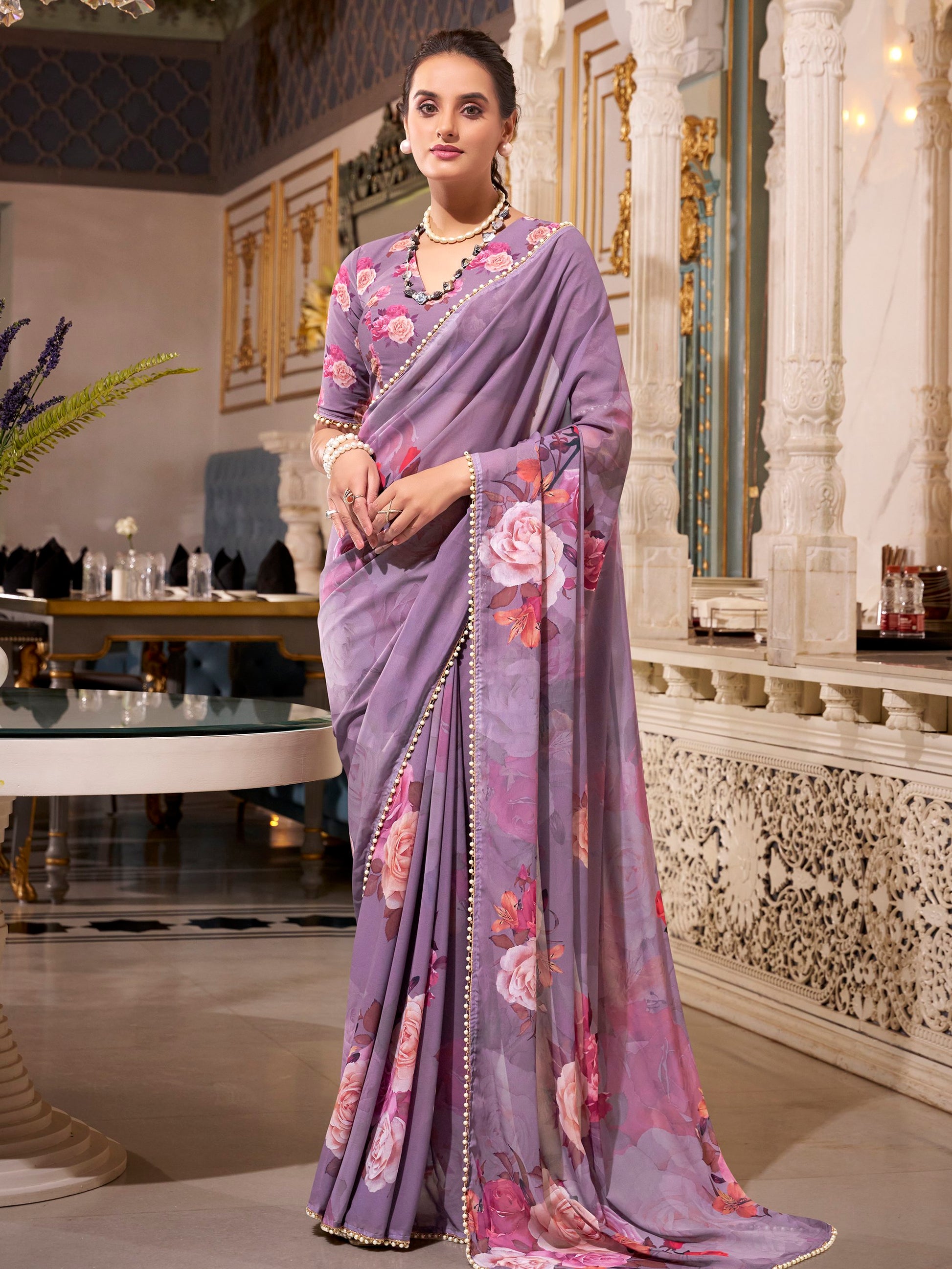 Alluring Grey Floral Printed Georgette Event Wear Saree With Blouse