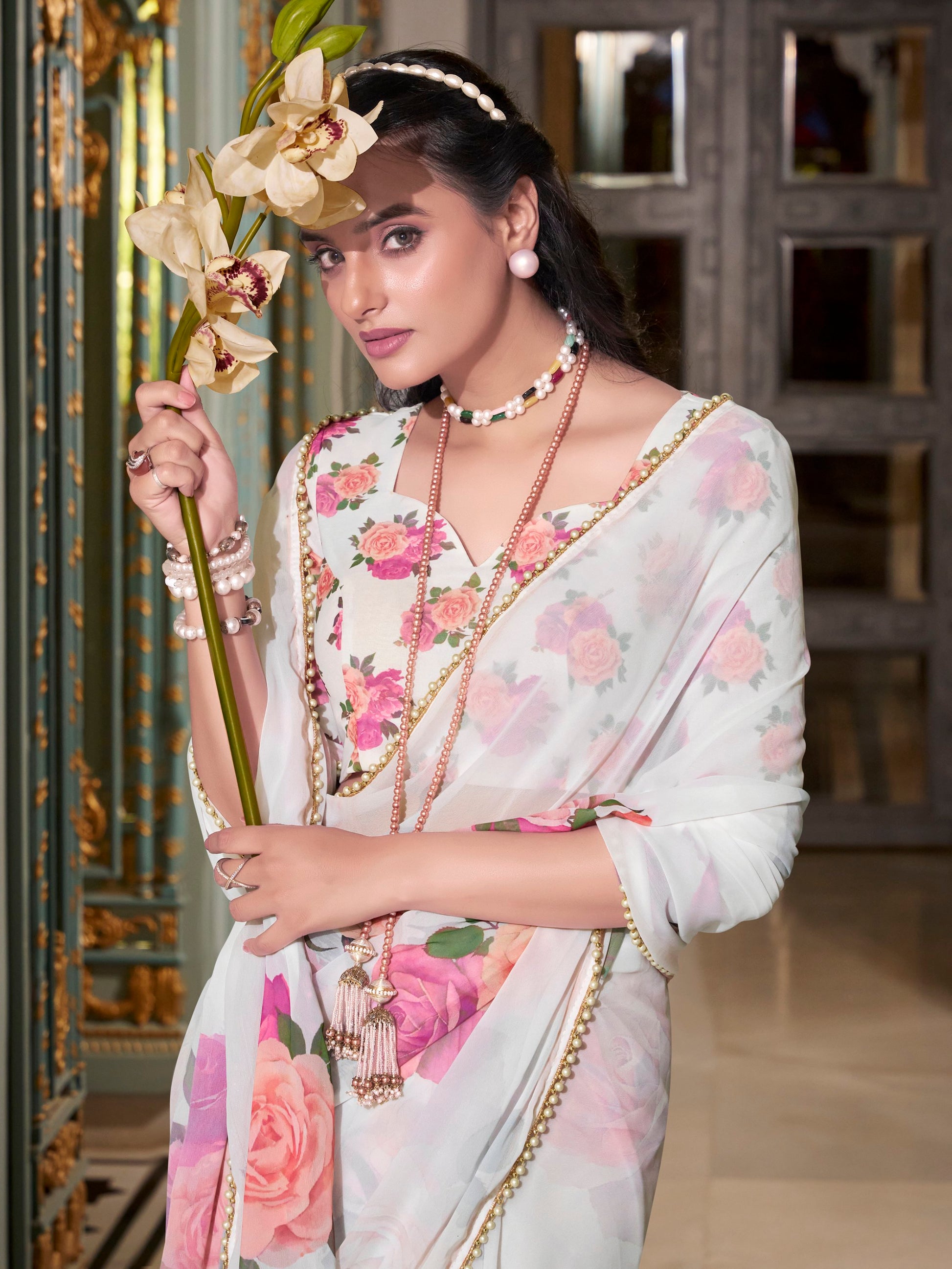 Captivating White Floral Printed Georgette Festive Wear Saree With Blouse