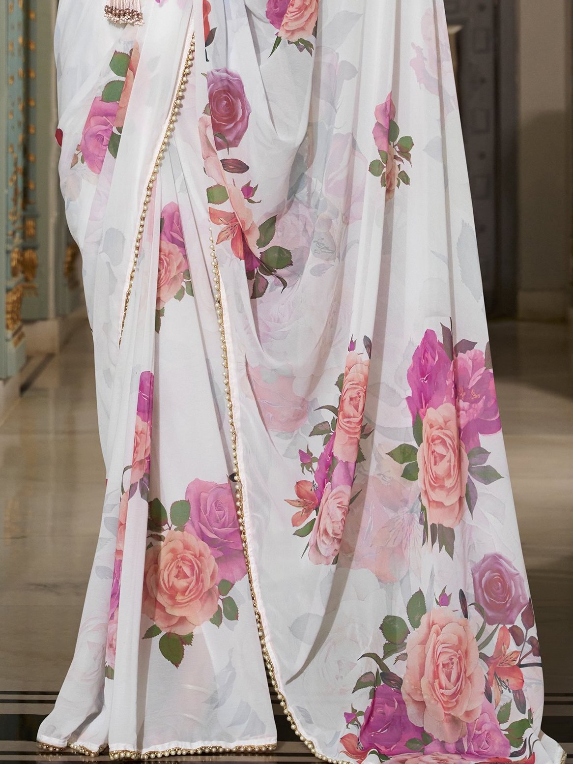 Captivating White Floral Printed Georgette Festive Wear Saree With Blouse