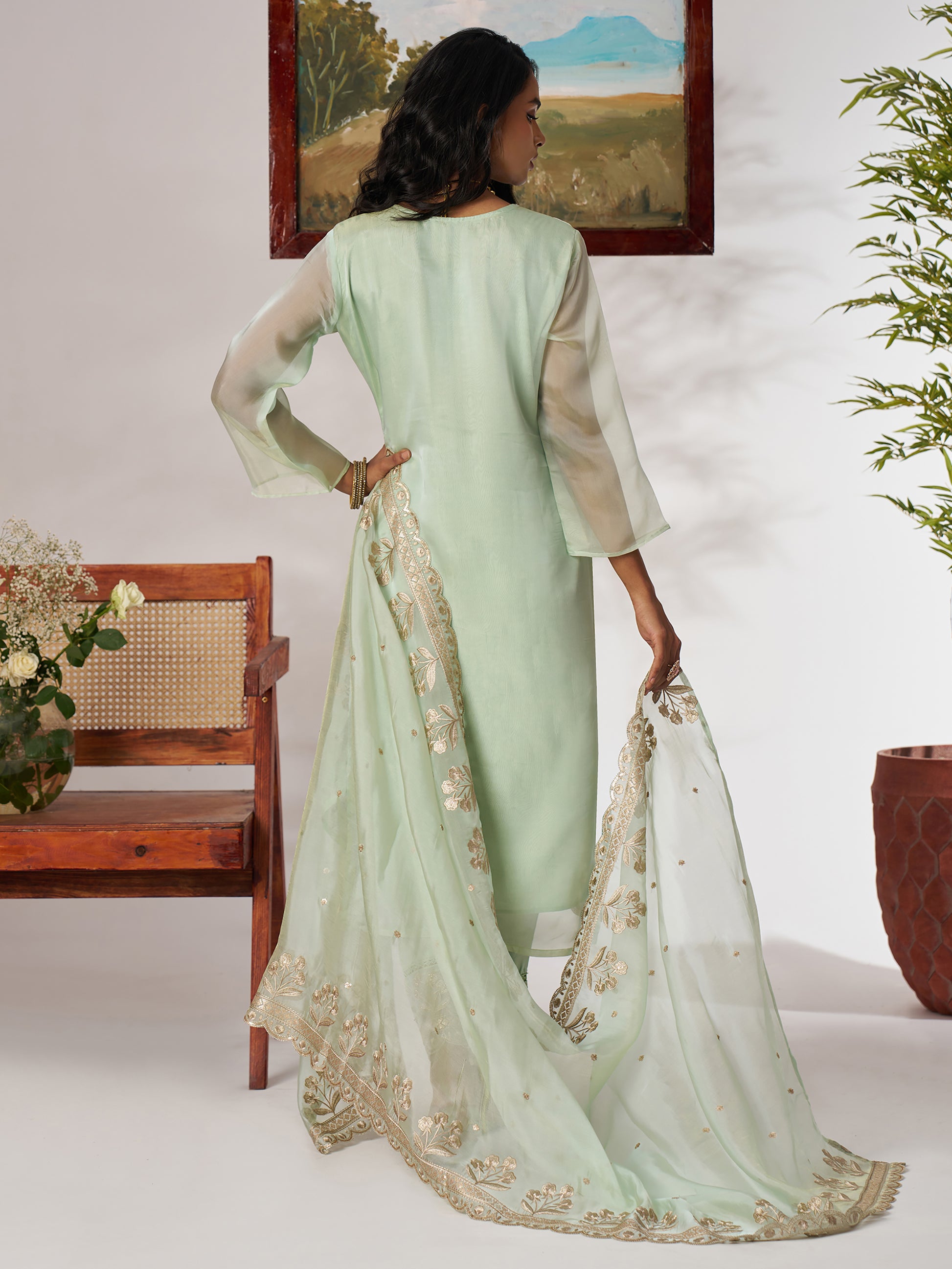 Fantastic Pista Green Embroidered Organza Straight Pant Suit With Dupatta