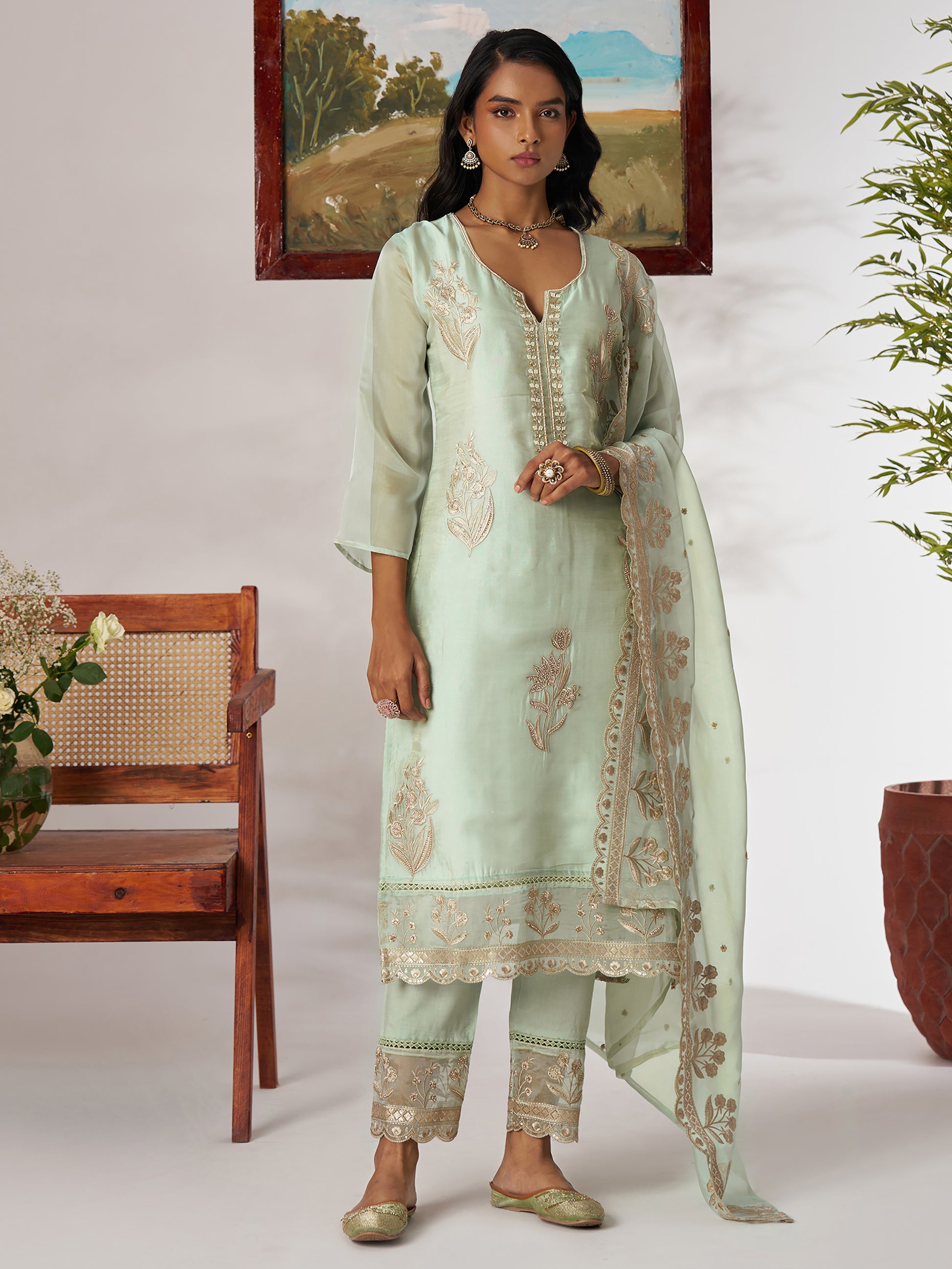 Fantastic Pista Green Embroidered Organza Straight Pant Suit With Dupatta