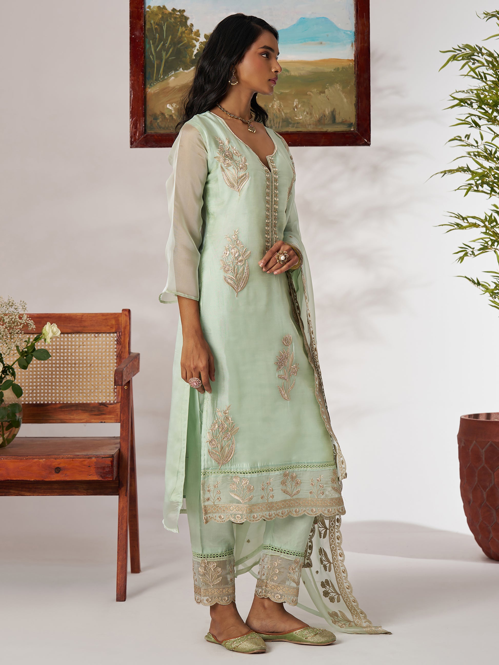 Fantastic Pista Green Embroidered Organza Straight Pant Suit With Dupatta