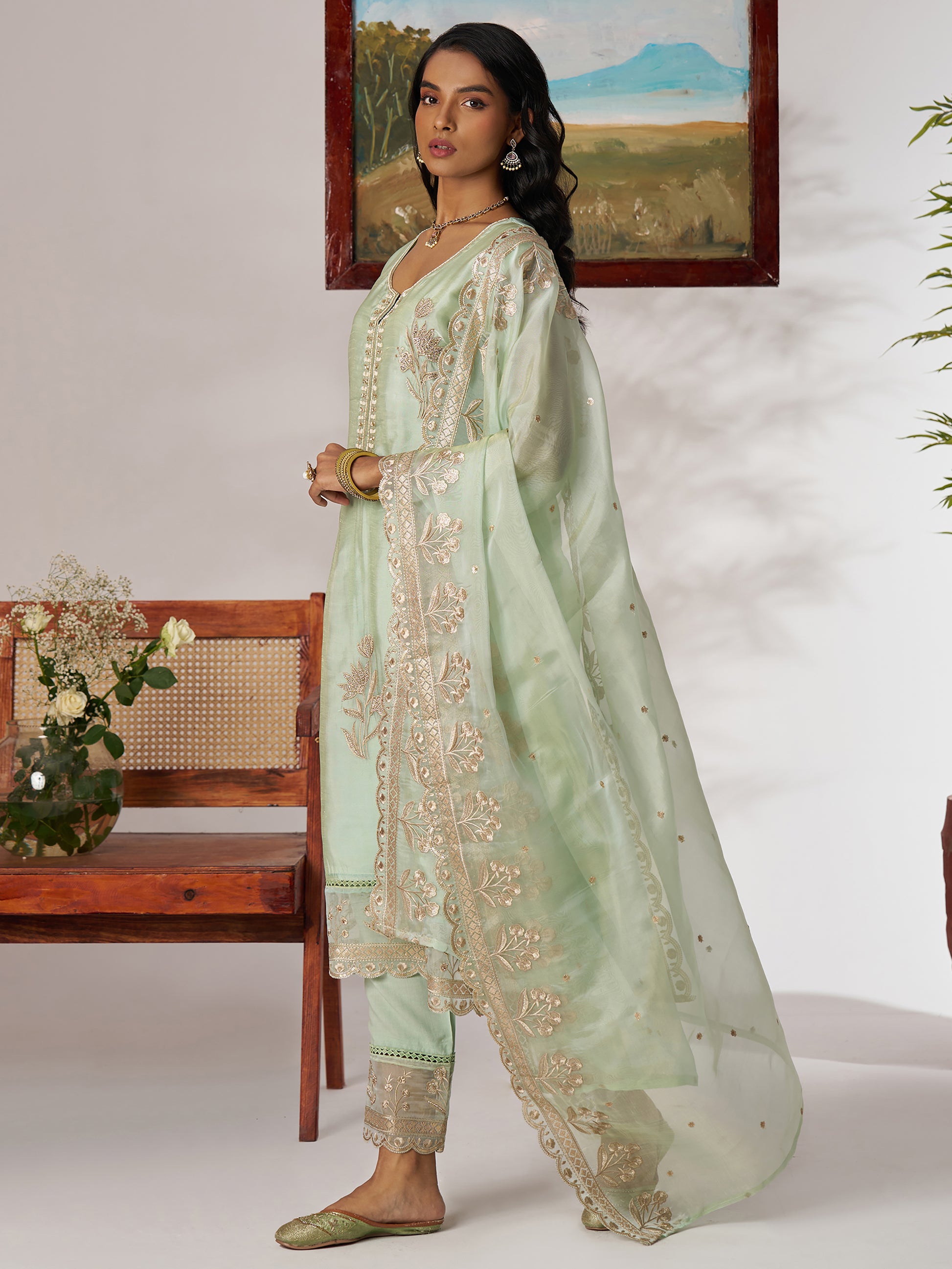 Fantastic Pista Green Embroidered Organza Straight Pant Suit With Dupatta