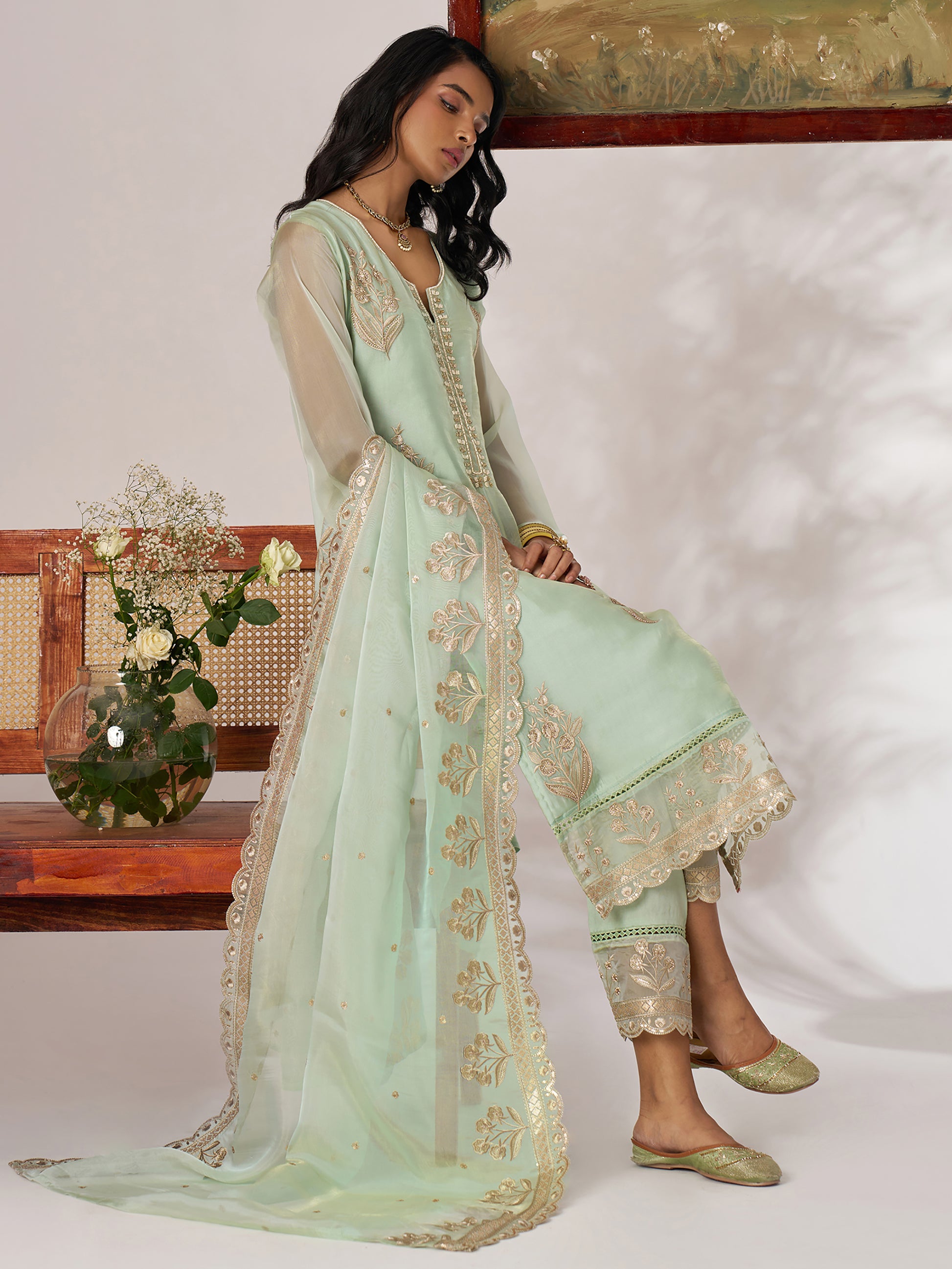 Fantastic Pista Green Embroidered Organza Straight Pant Suit With Dupatta
