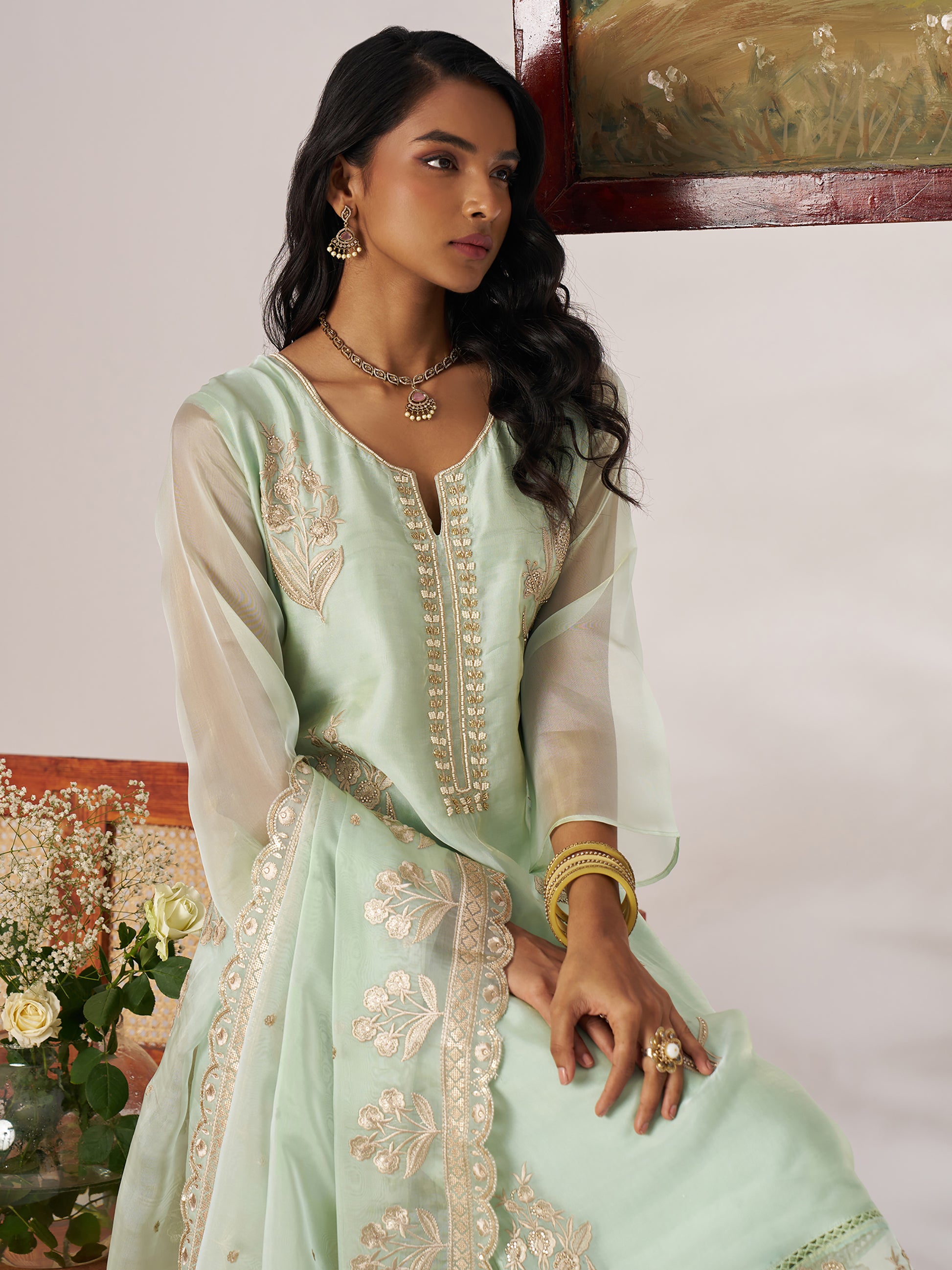 Fantastic Pista Green Embroidered Organza Straight Pant Suit With Dupatta