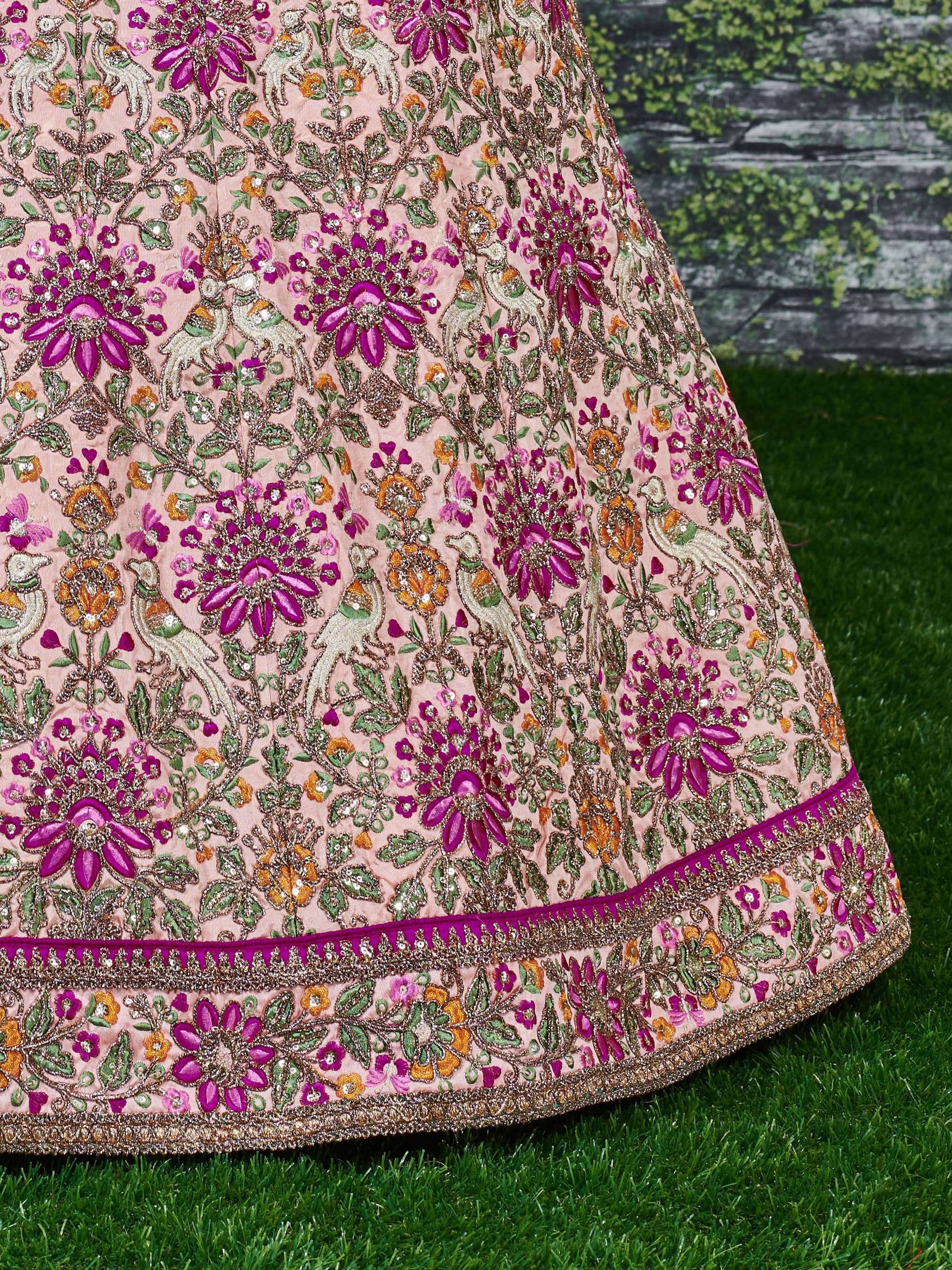 Alluring Peach Embroidered Silk Bridal Lehenga Choli With Dupatta