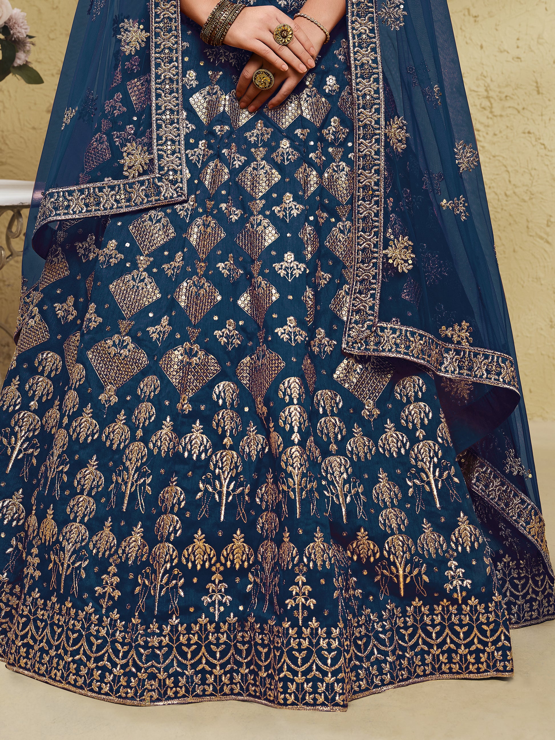 Glamorous Navy Blue Thread Work Slub Silk Wedding Lehenga Choli With Dupatta