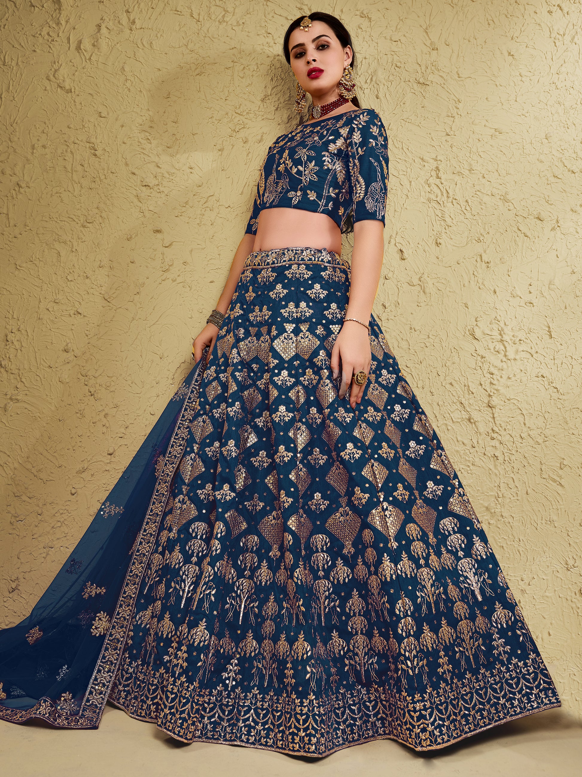 Glamorous Navy Blue Thread Work Slub Silk Wedding Lehenga Choli With Dupatta