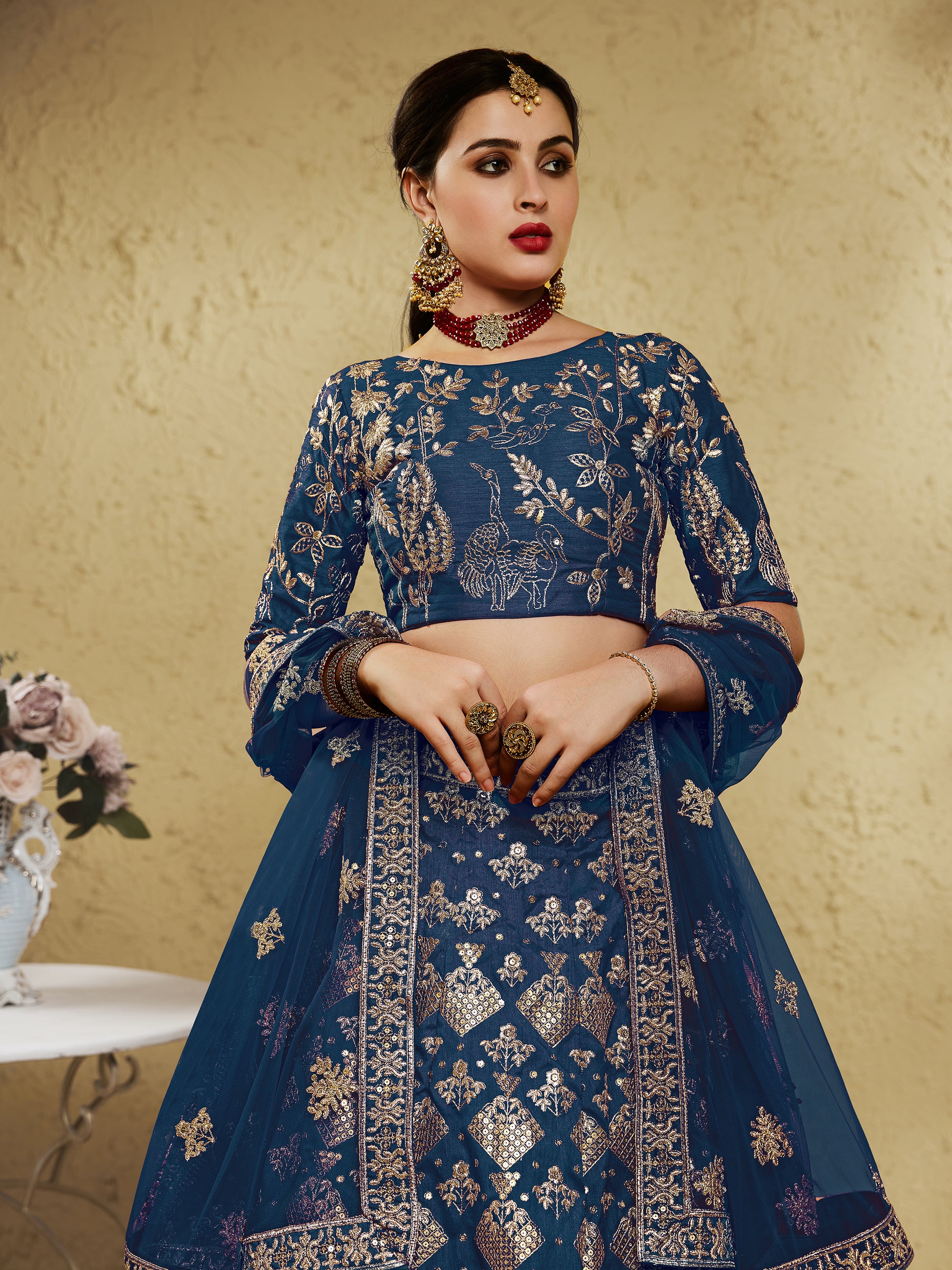 Glamorous Navy Blue Thread Work Slub Silk Wedding Lehenga Choli With Dupatta