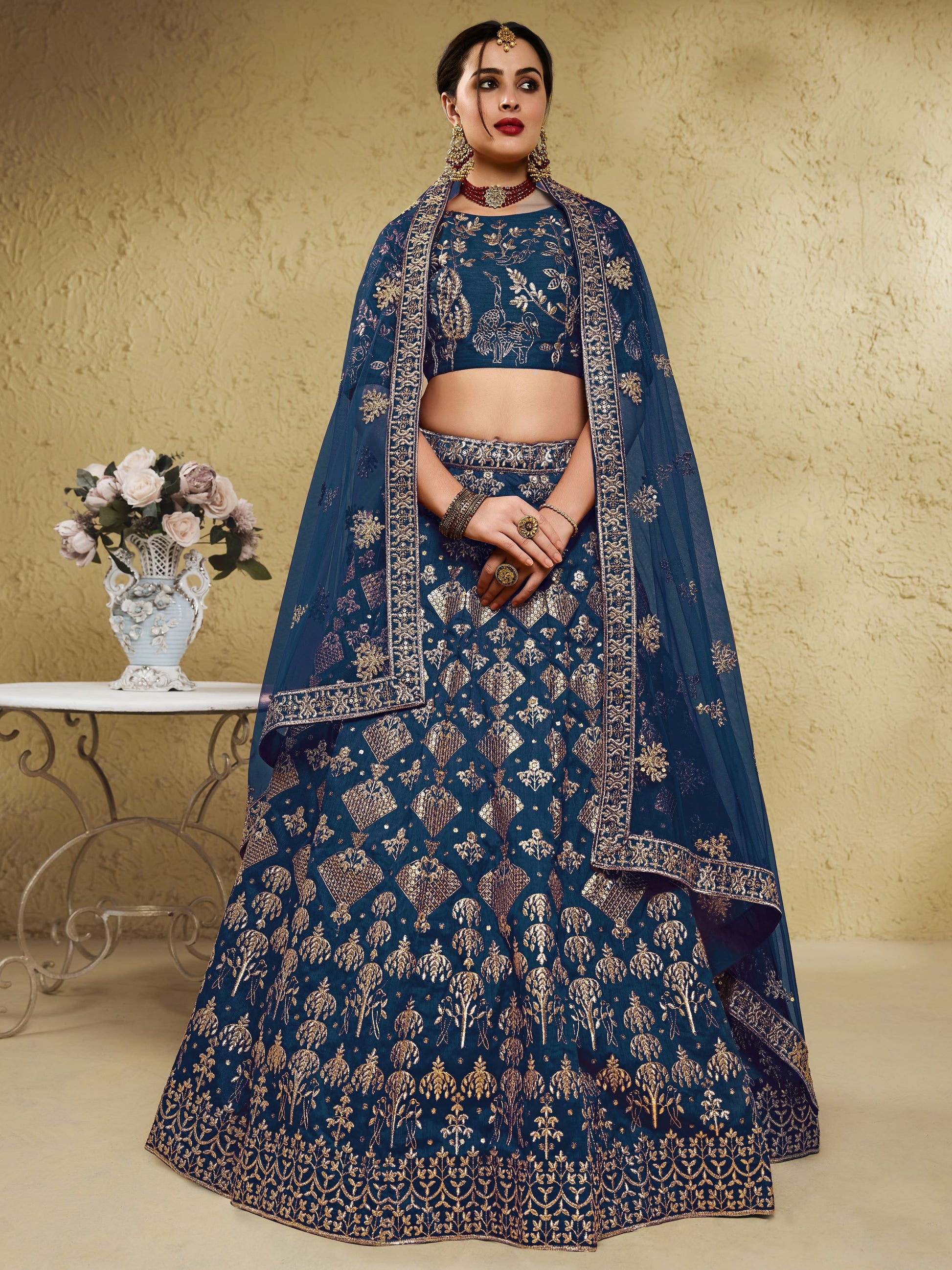 Glamorous Navy Blue Thread Work Slub Silk Wedding Lehenga Choli With Dupatta