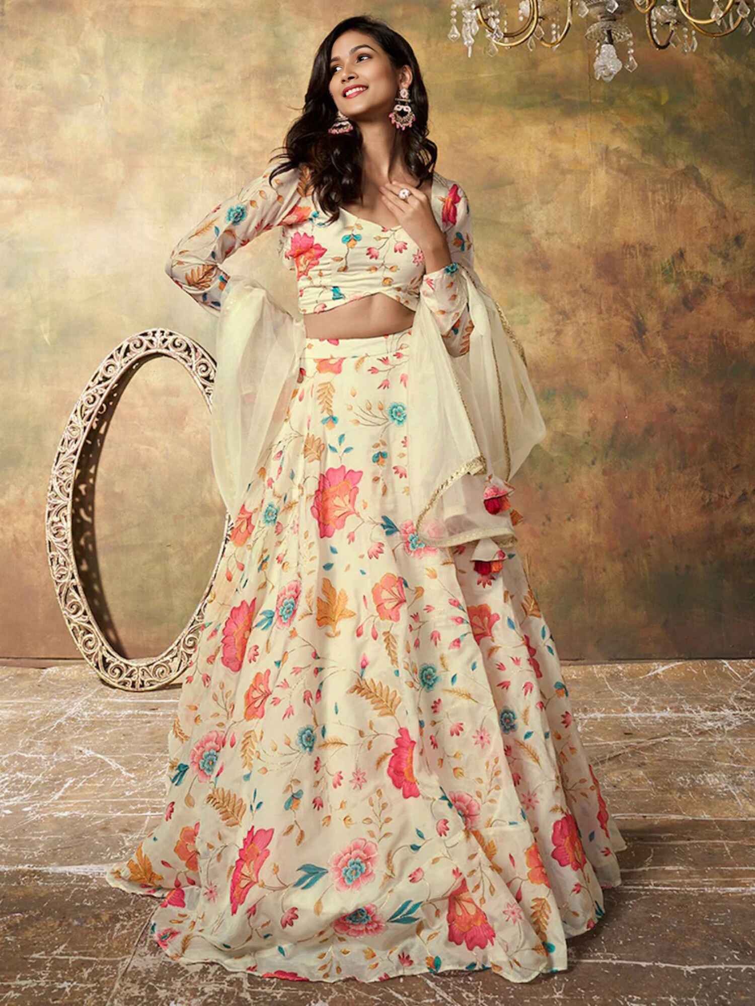 Alluring Beige Floral Printed Organza Reception Wear Lehenga Choli