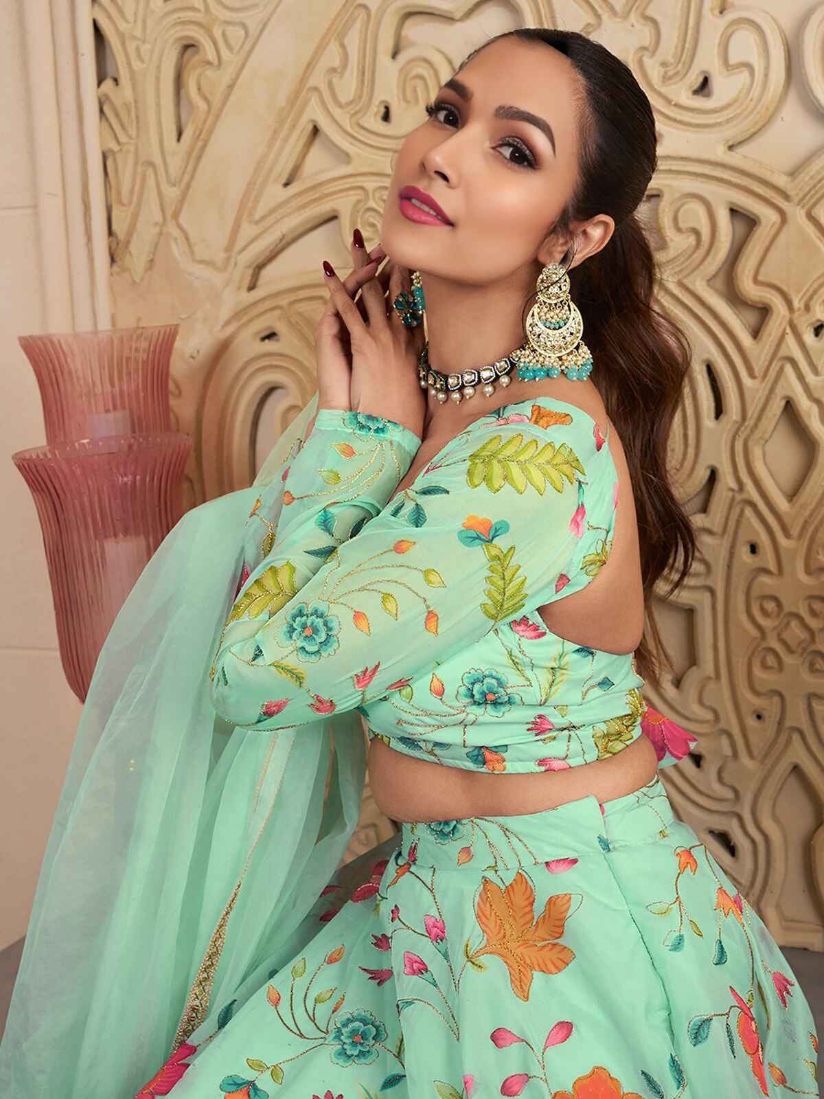 Amazing Green Floral Printed Organza Function Wear Lehenga Choli