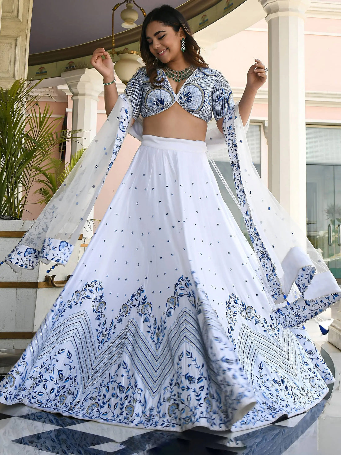 Lovely White Thread Work Sangeet Wear Lehenga Choli With Net Dupatta