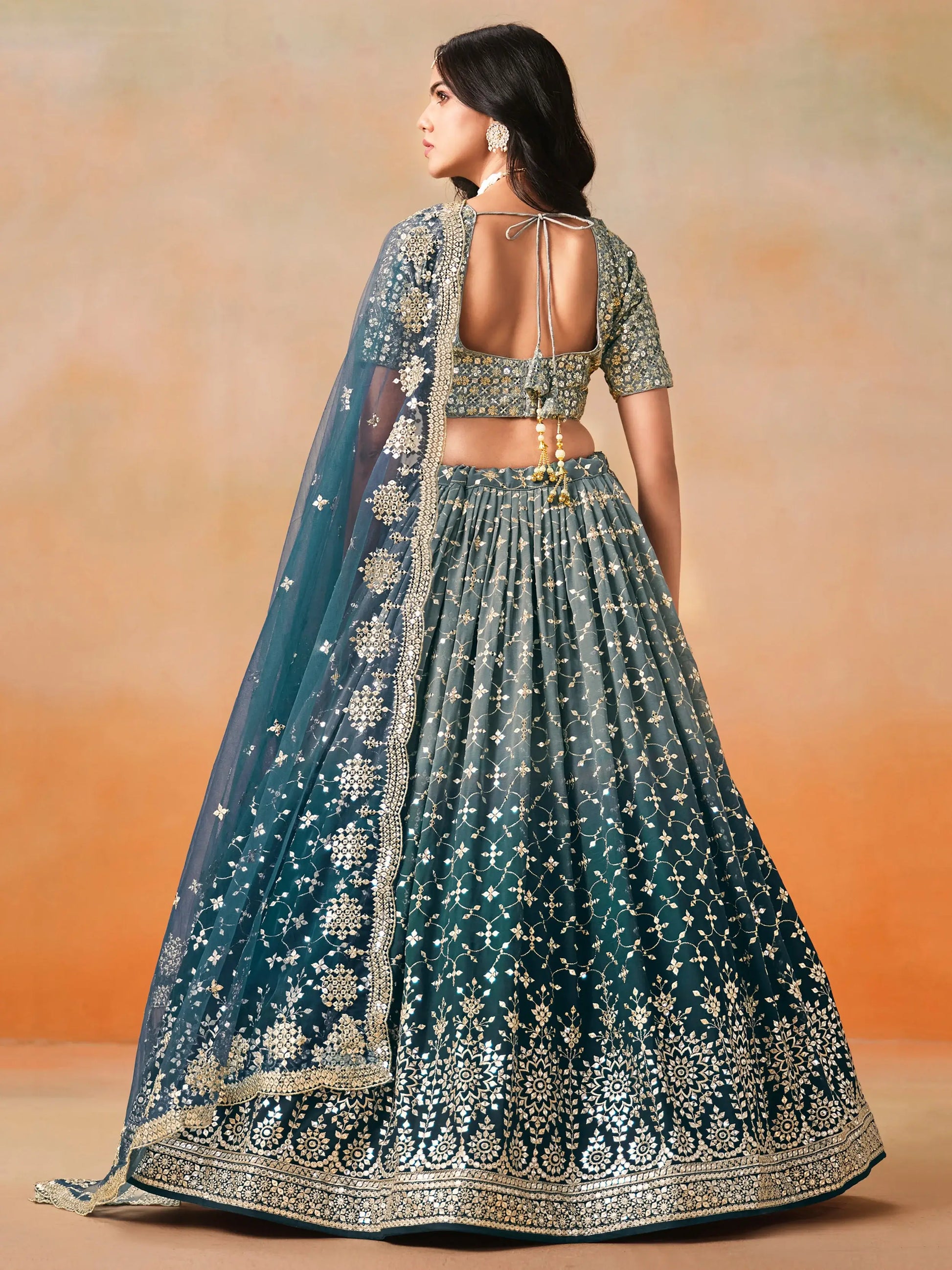 Attractive Dove Blue Zari Embroidered Shaded Lehenga Choli
