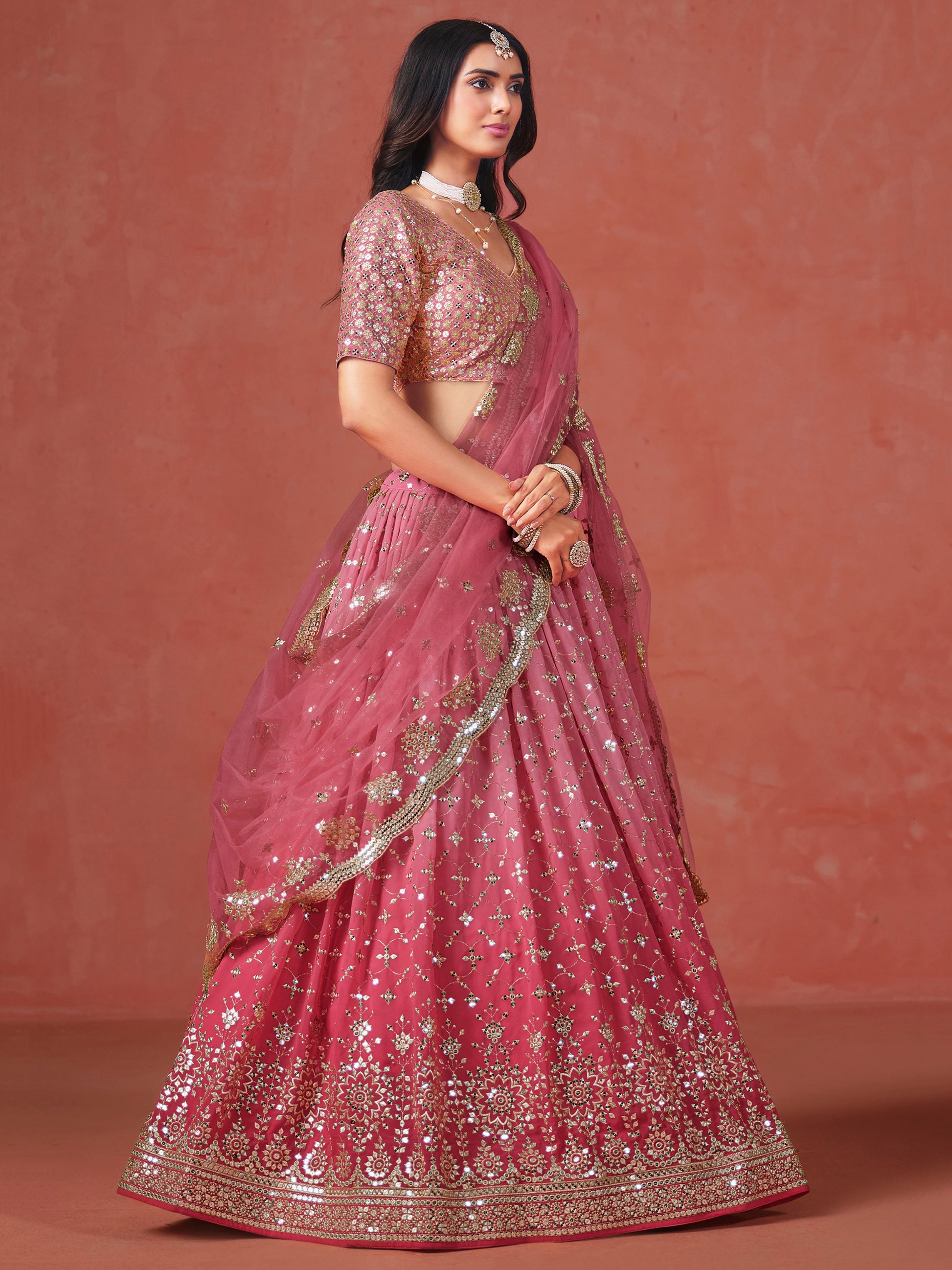 Fabulous Peach Georgette Embroidered Zari Lehenga Choli With Dupatta