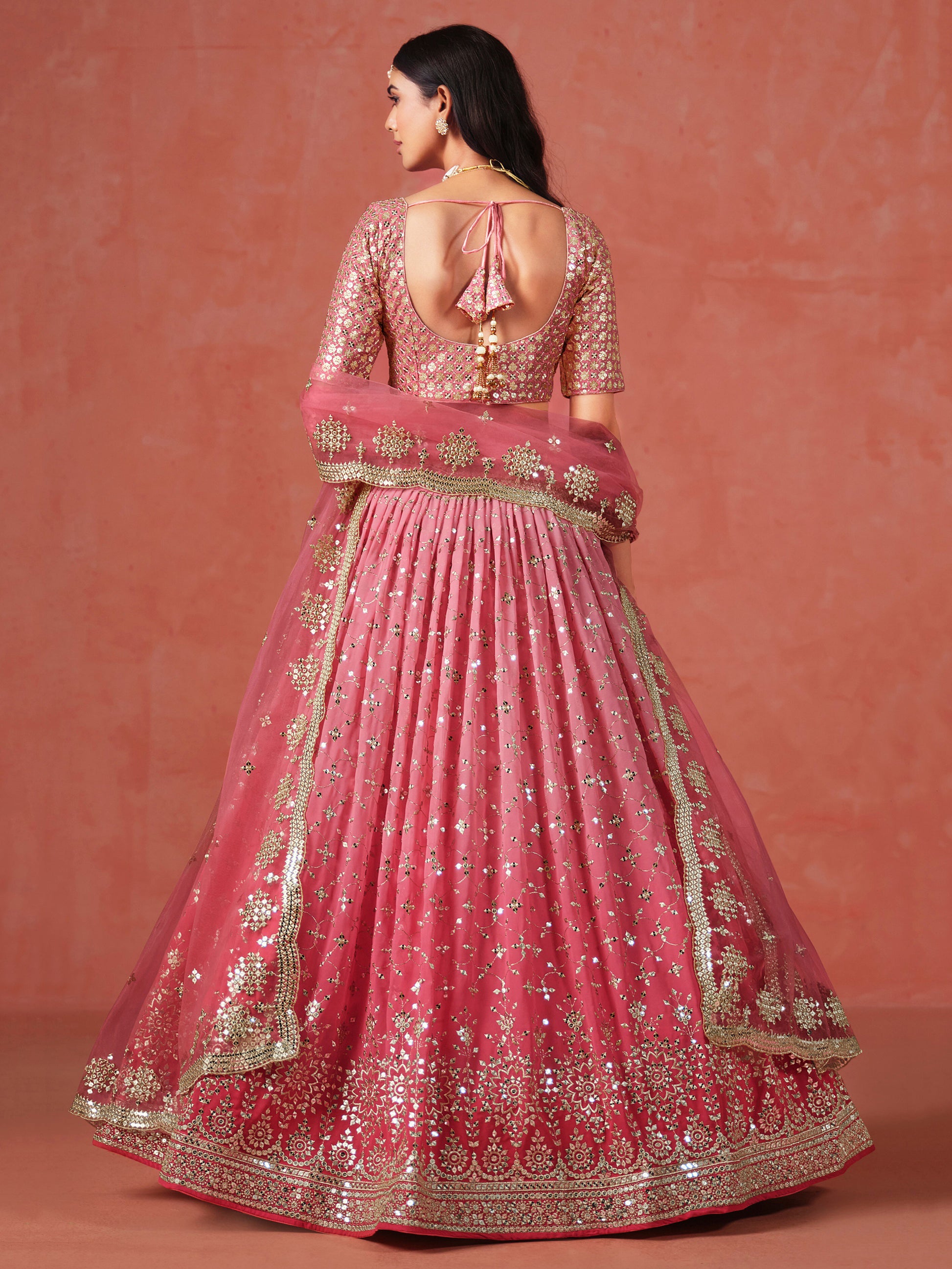 Fabulous Peach Georgette Embroidered Zari Lehenga Choli With Dupatta