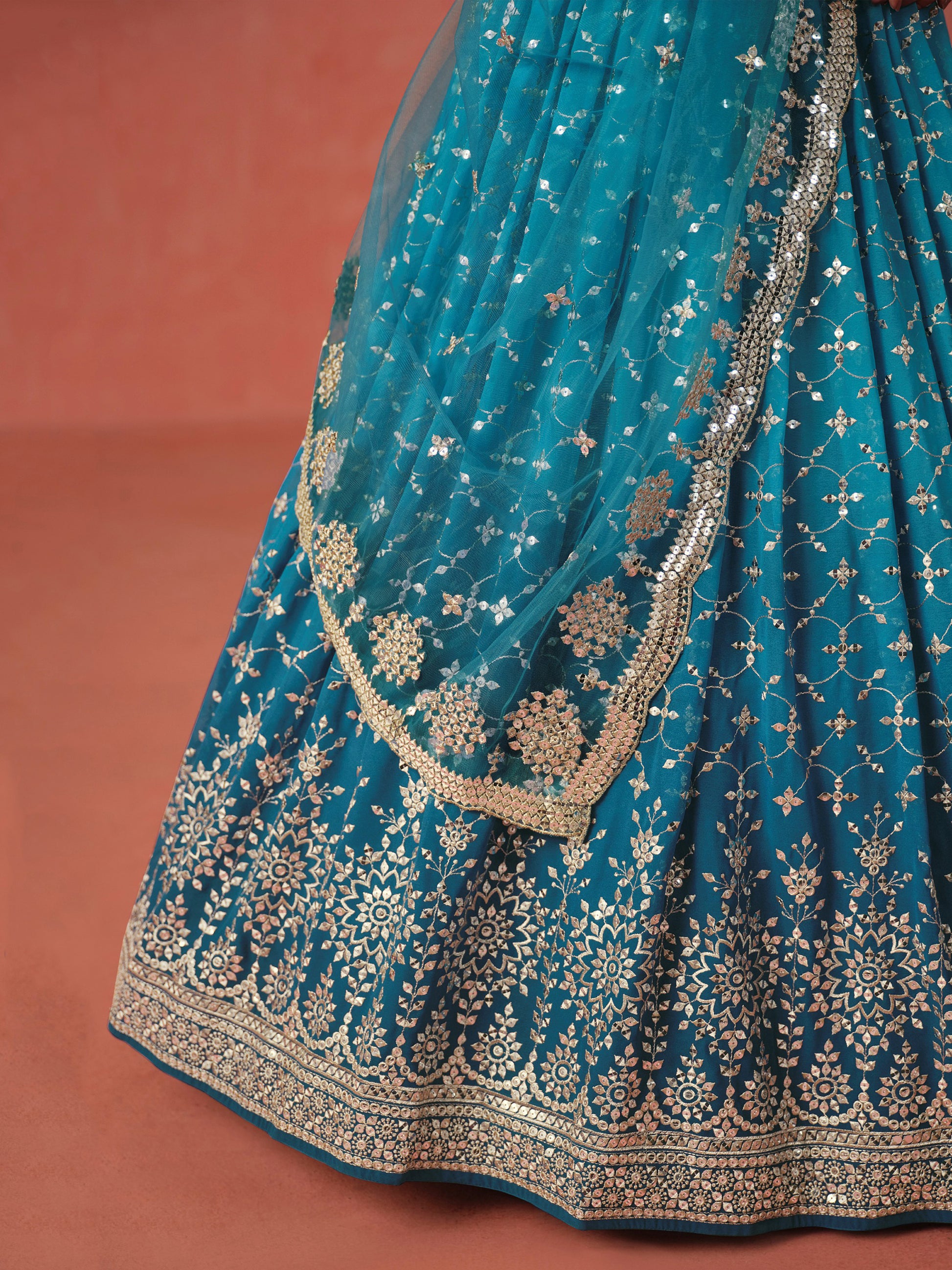 Charming Teal Blue Sequins Work Georgette Lehenga Choli