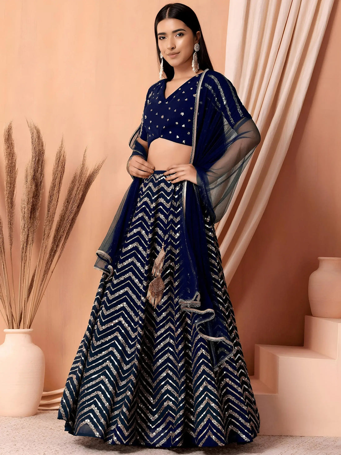 Desirable Navy Blue Embroidered Georgette Lehenga Choli With Dupatta