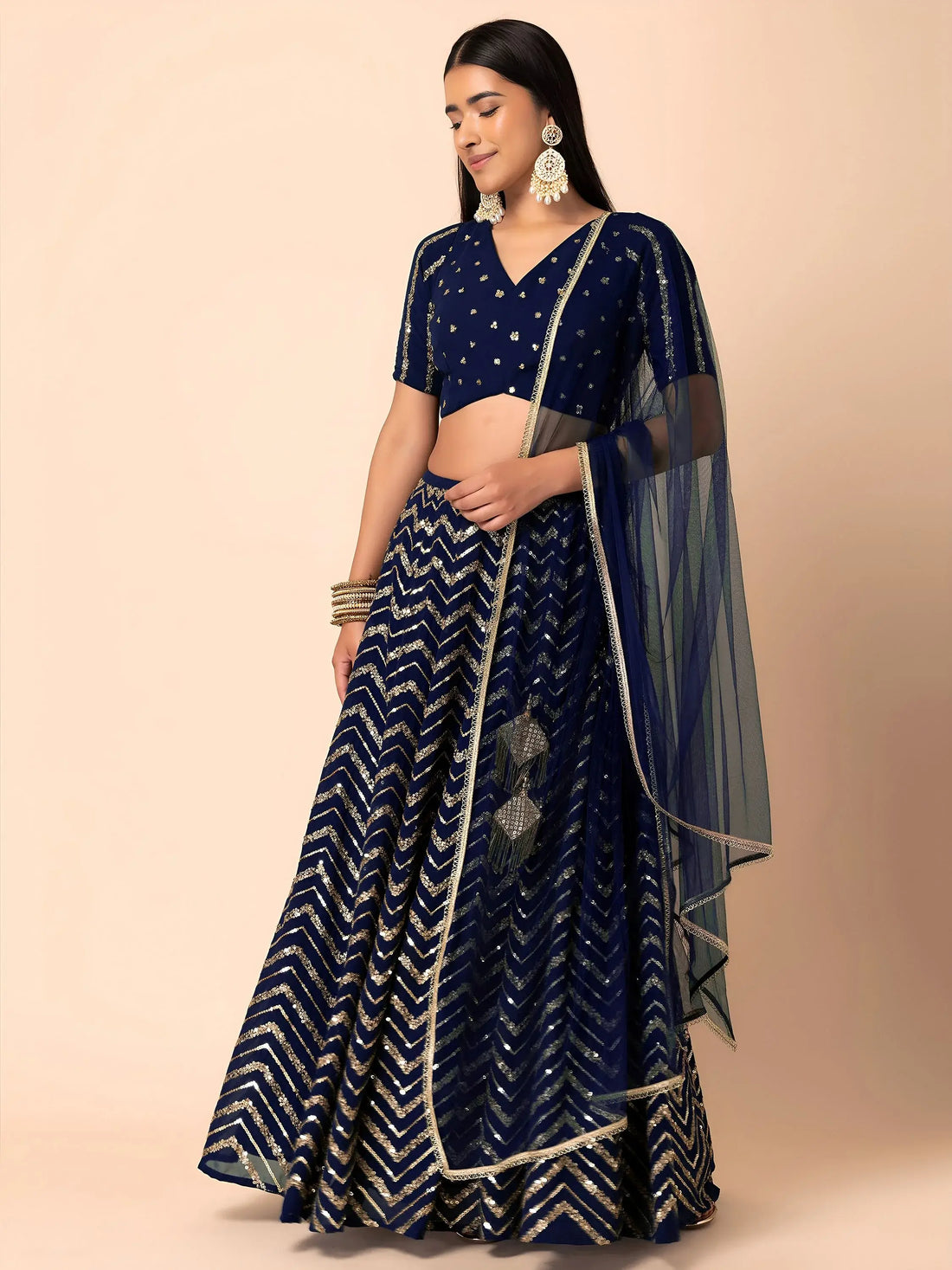 Desirable Navy Blue Embroidered Georgette Lehenga Choli With Dupatta