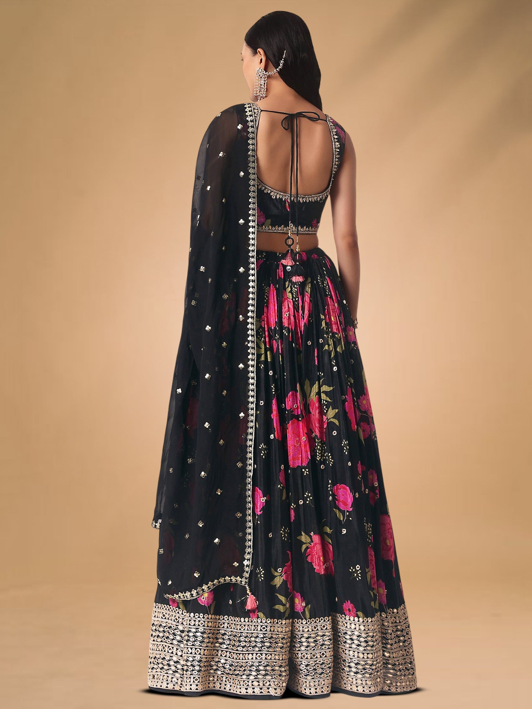 Refreshing Black Floral Printed Chinon Party Wear Lehenga With Blouse