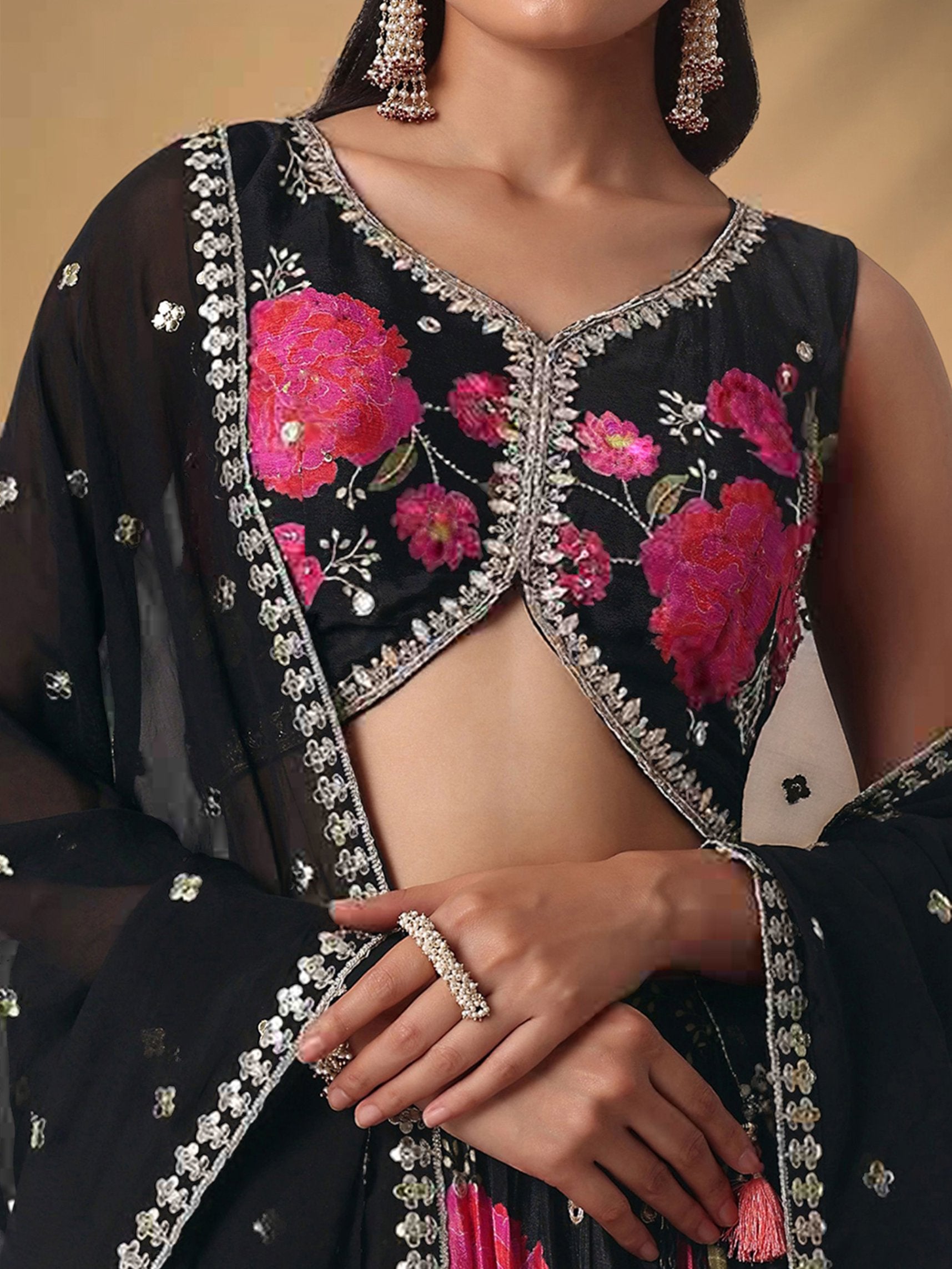 Refreshing Black Floral Printed Chinon Party Wear Lehenga With Blouse