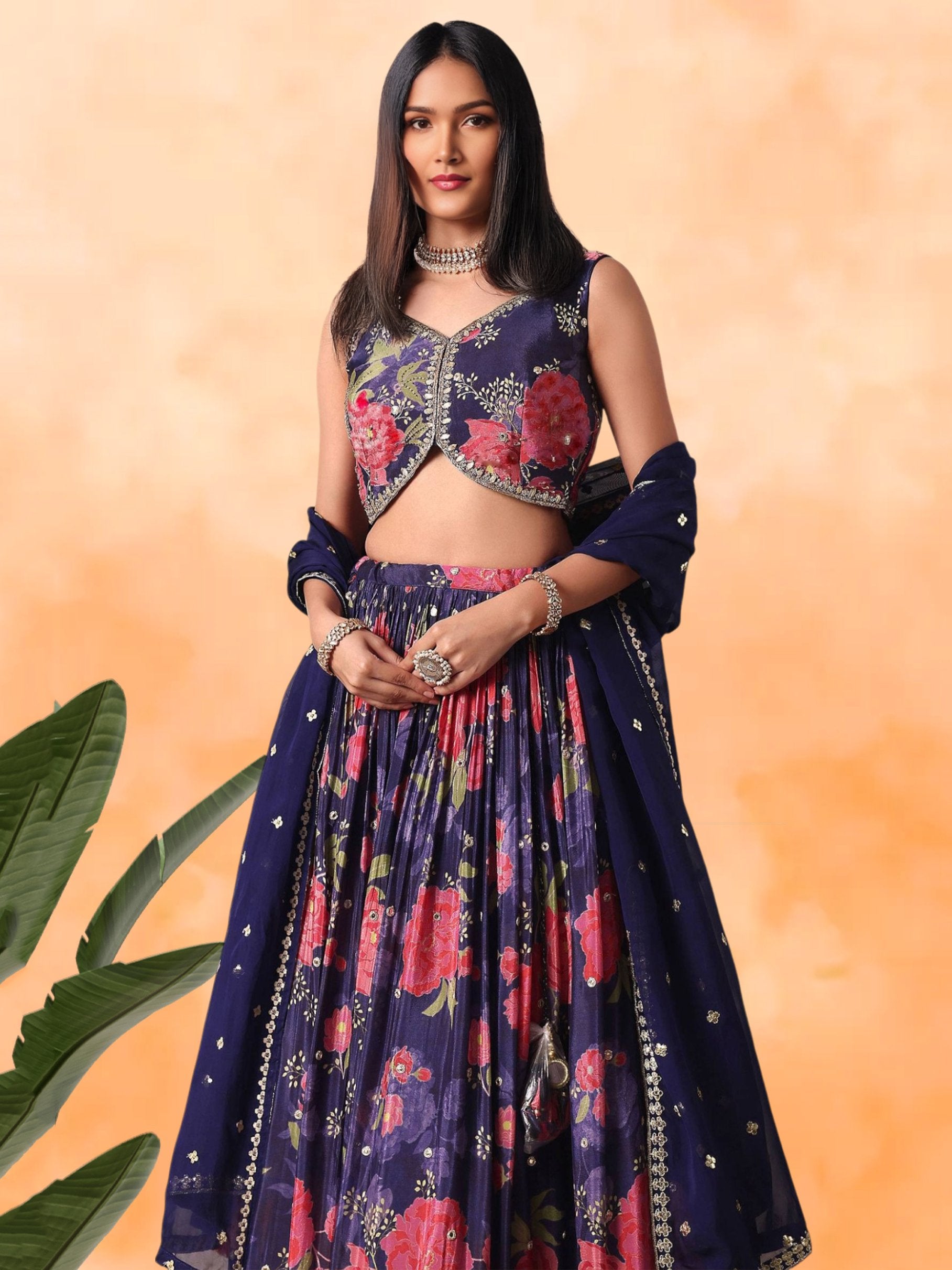 Magnetic Purple Floral Printed Chinon Wedding Wear Lehenga Choli