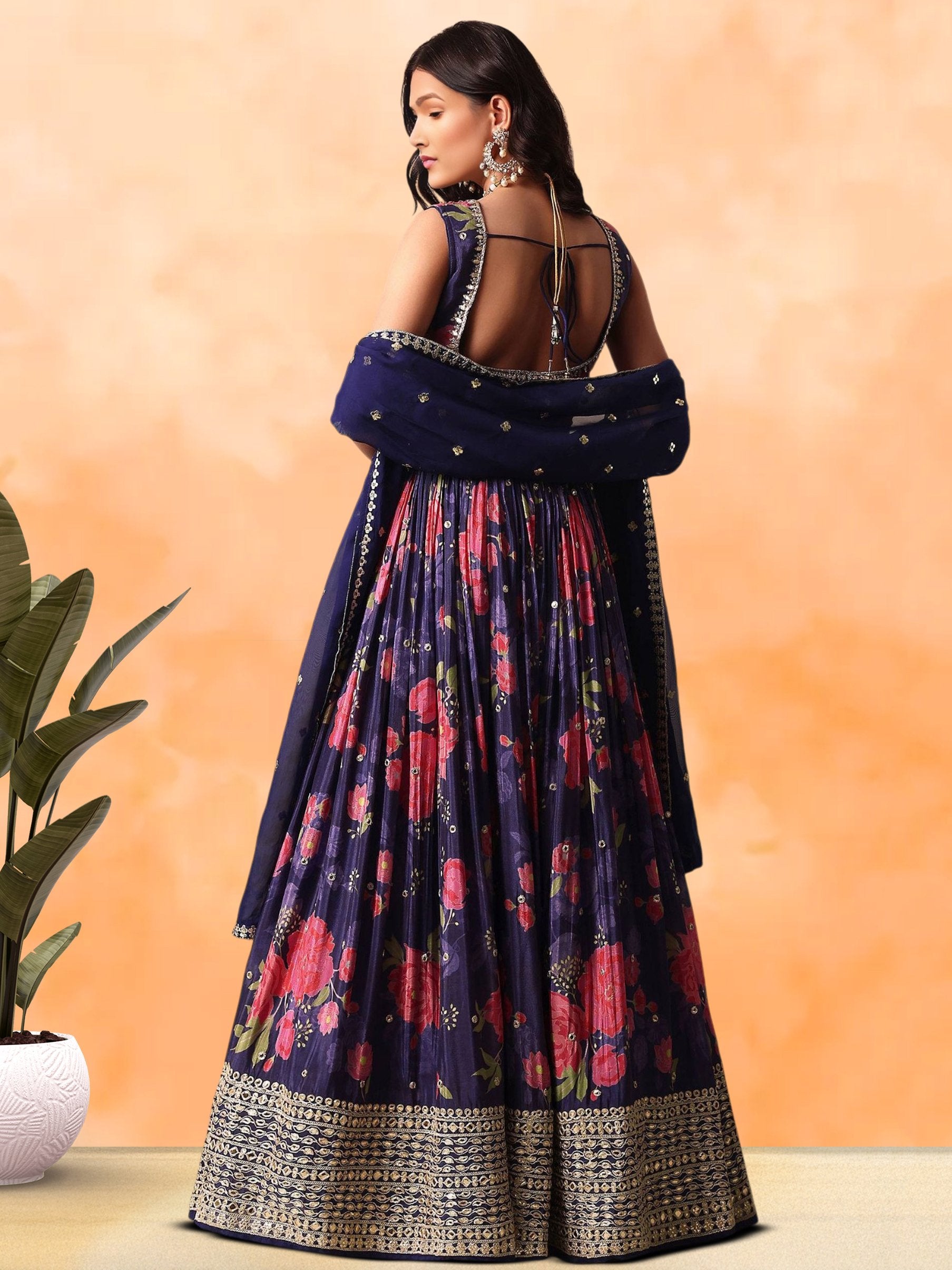 Magnetic Purple Floral Printed Chinon Wedding Wear Lehenga Choli