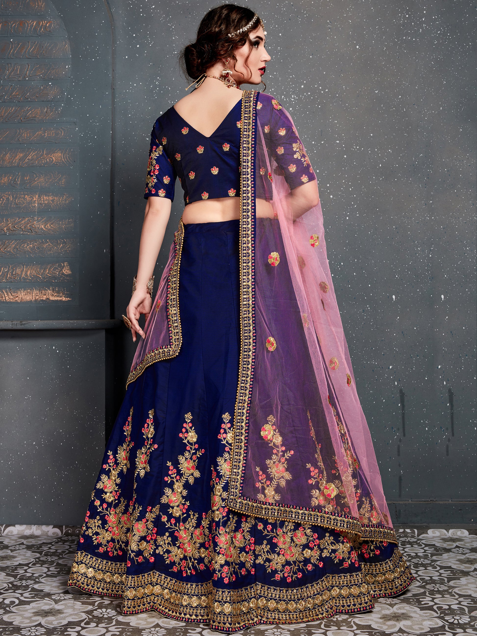 Adorable Navy Blue Floral Embroidered Velvet Wedding Lehenga Choli