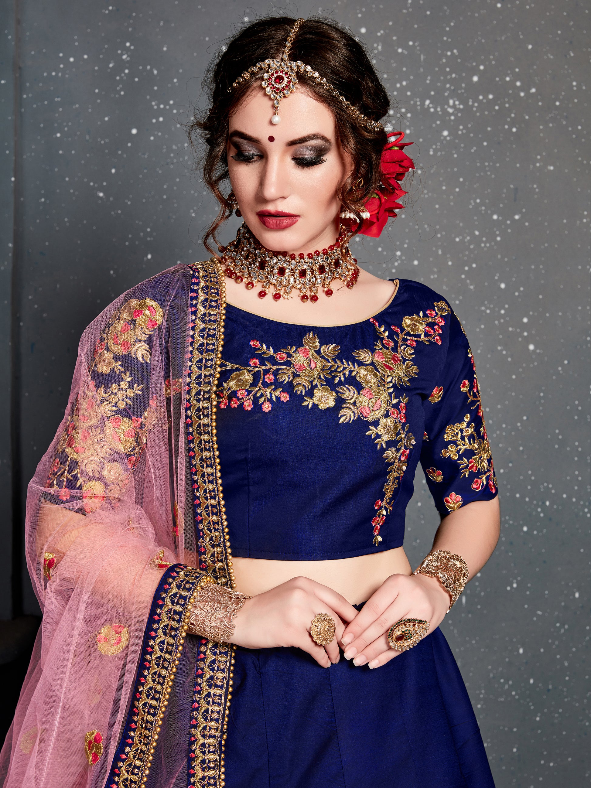 Adorable Navy Blue Floral Embroidered Velvet Wedding Lehenga Choli