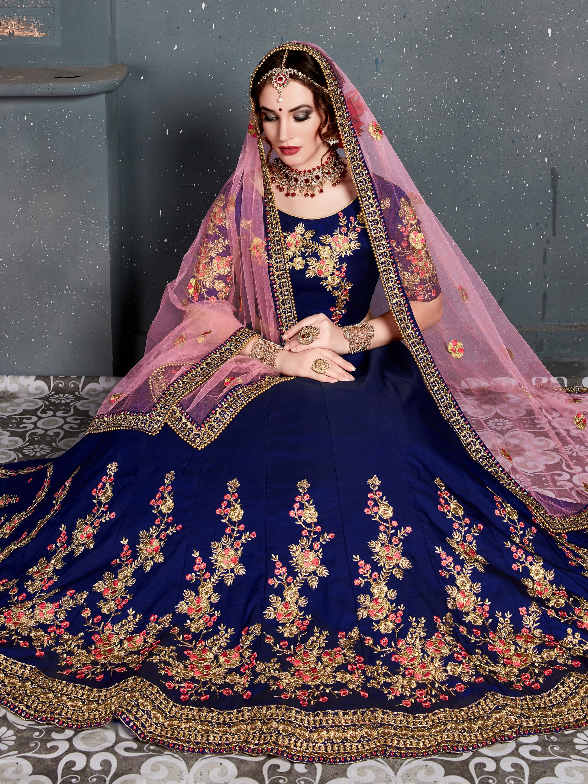 Adorable Navy Blue Floral Embroidered Velvet Wedding Lehenga Choli