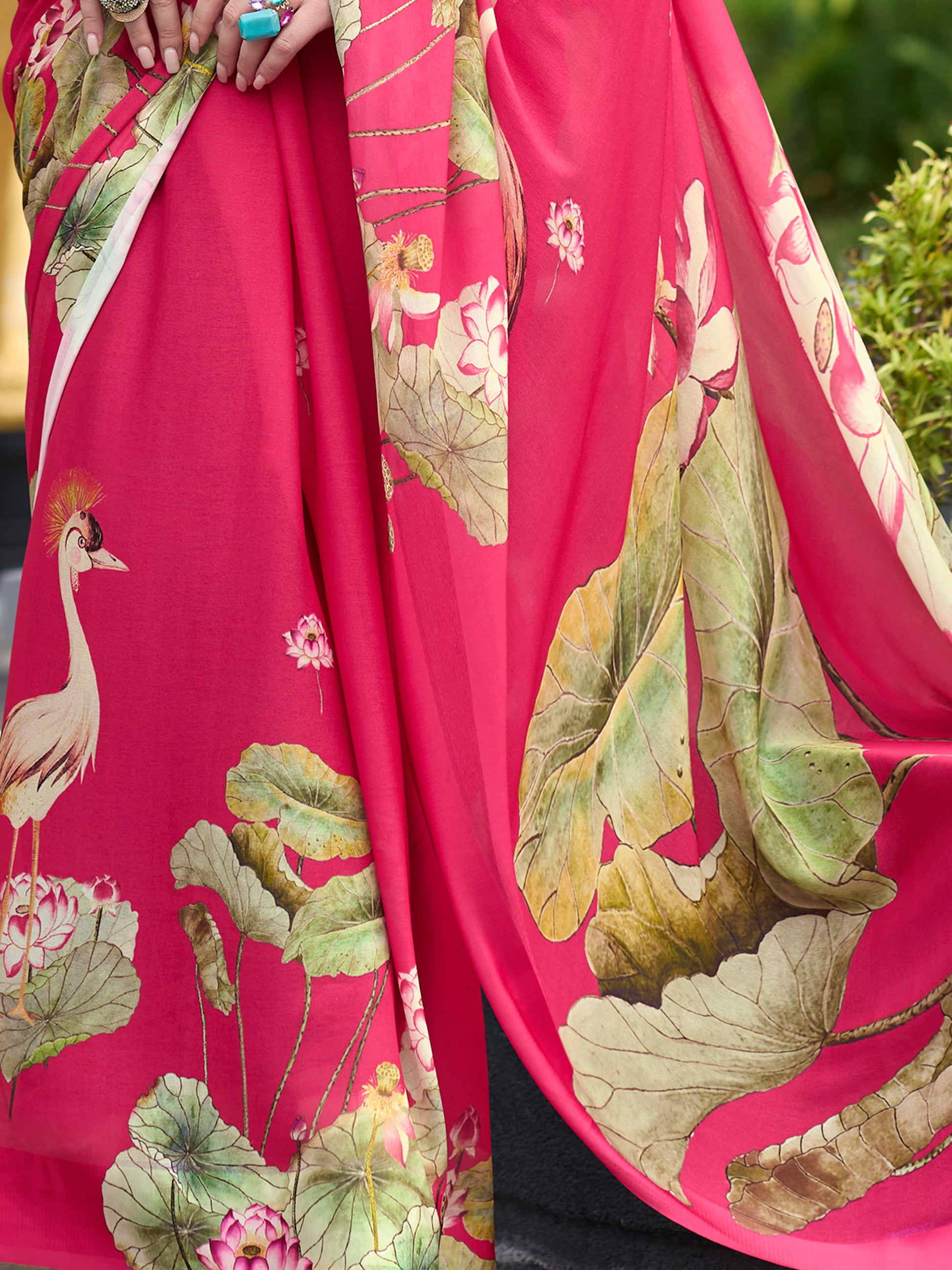 Attractive Pink Floral Printed Georgette Event Wear Saree With Blouse