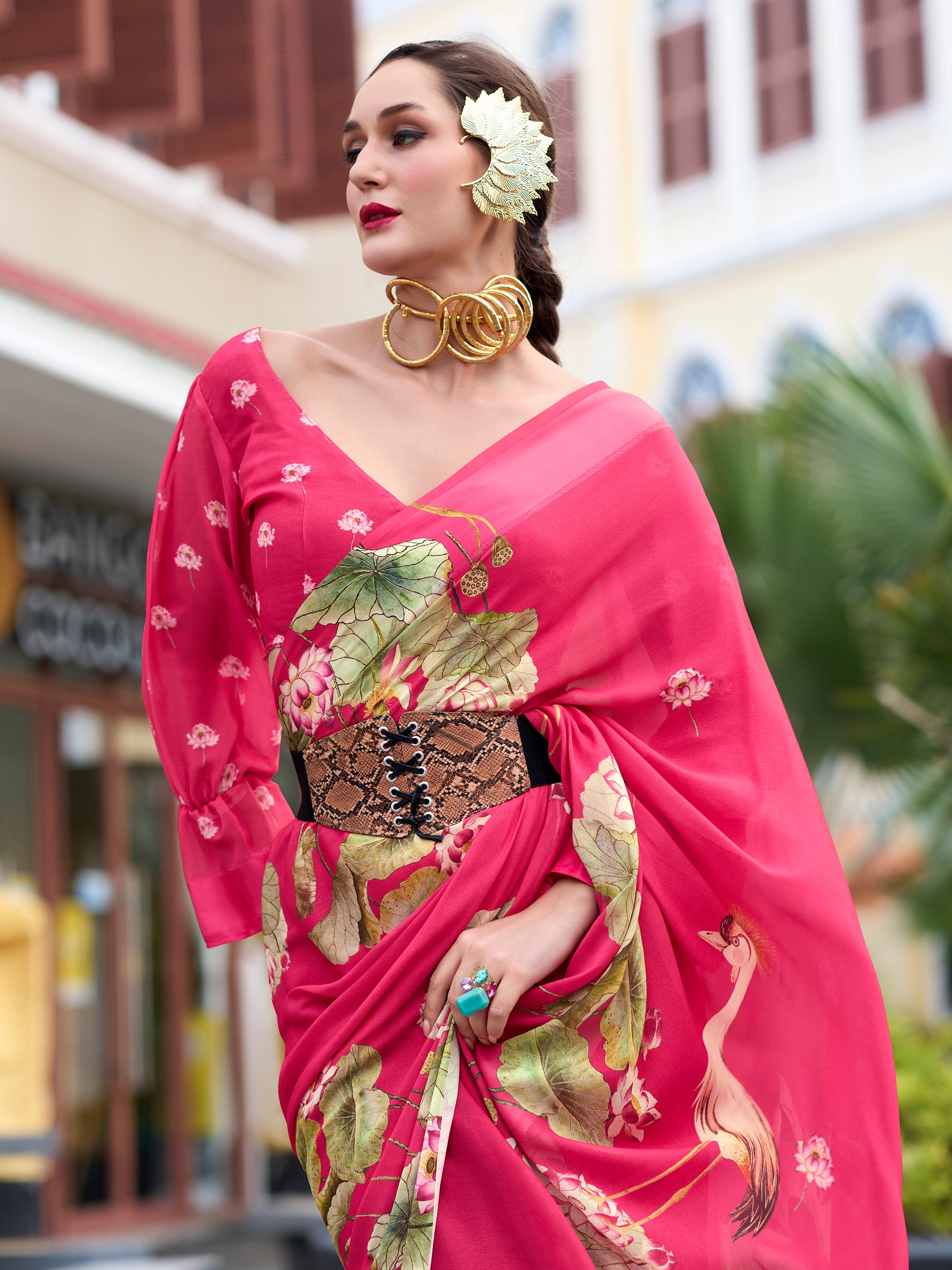 Attractive Pink Floral Printed Georgette Event Wear Saree With Blouse