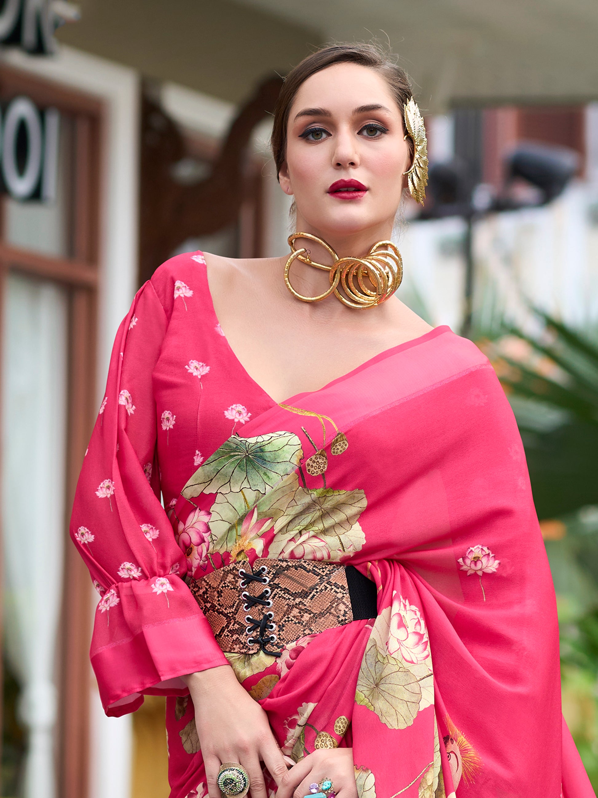 Attractive Pink Floral Printed Georgette Event Wear Saree With Blouse