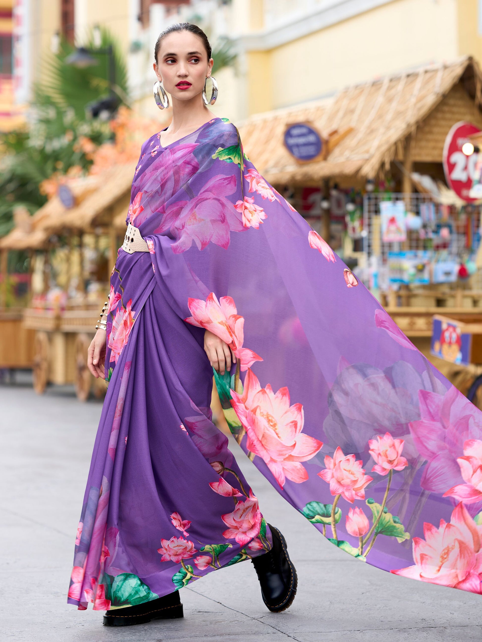 Beautiful Purple Floral Printed Georgette Festival Wear Saree With Blouse