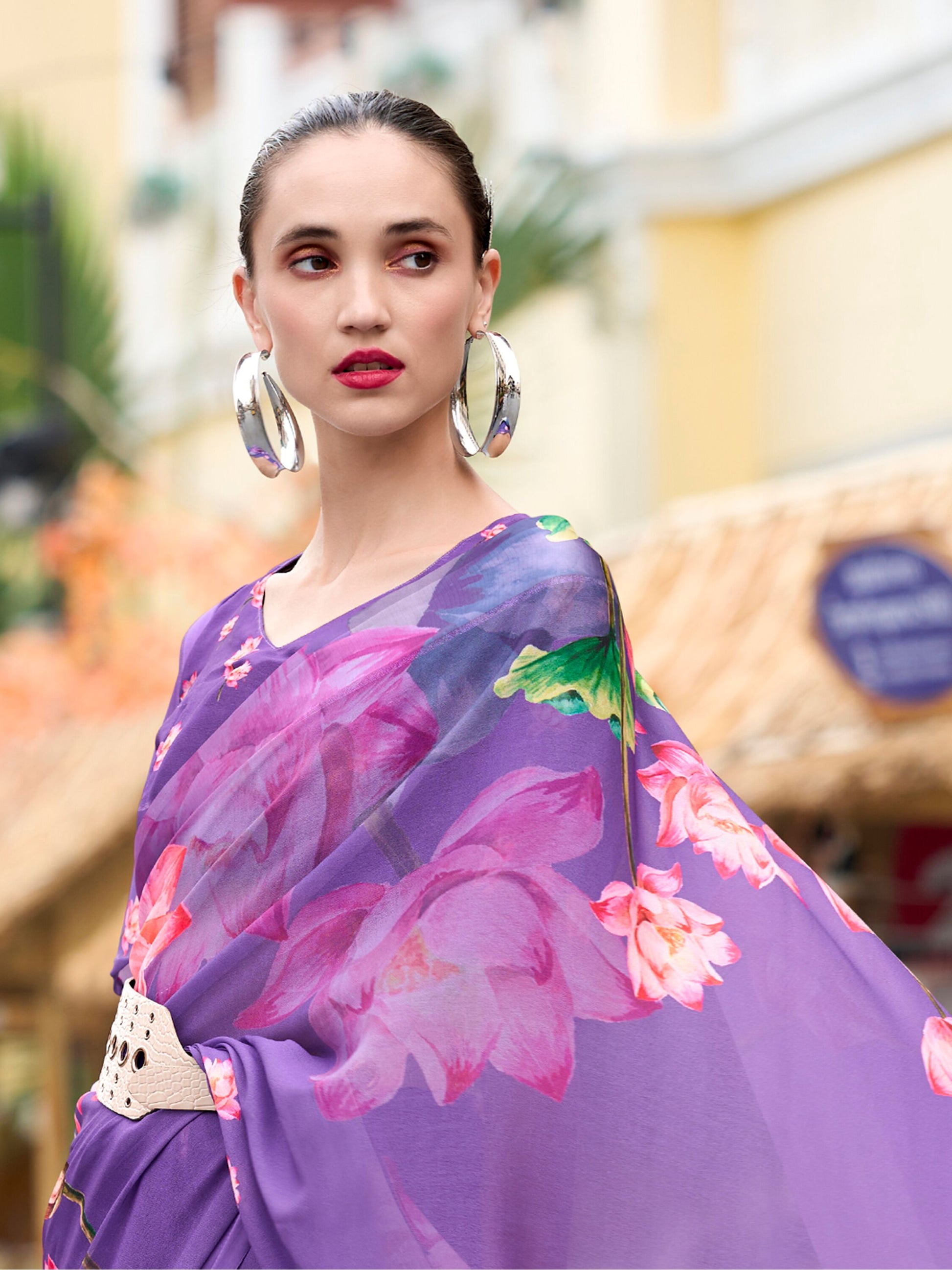 Beautiful Purple Floral Printed Georgette Festival Wear Saree With Blouse