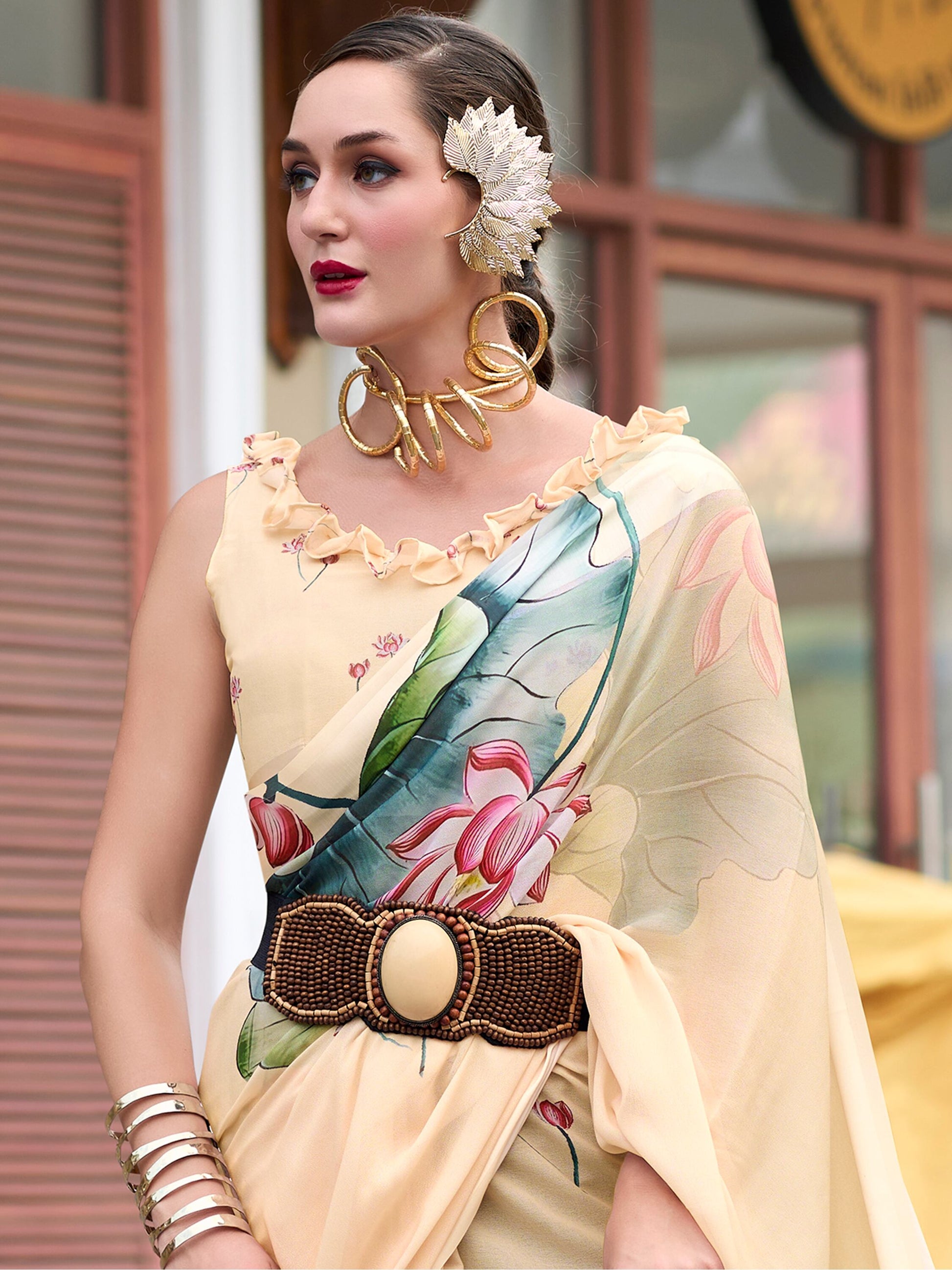 Charming Beige Floral Printed Georgette Traditional Saree With Blouse