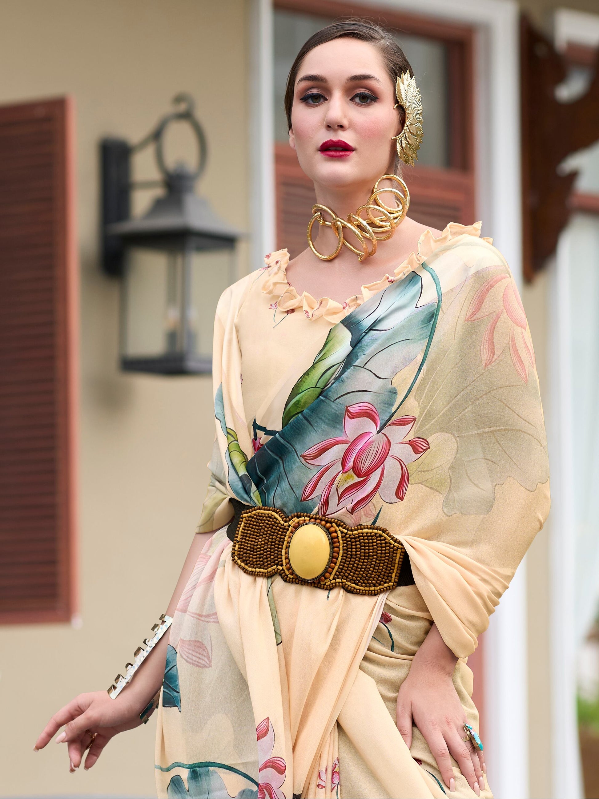 Charming Beige Floral Printed Georgette Traditional Saree With Blouse