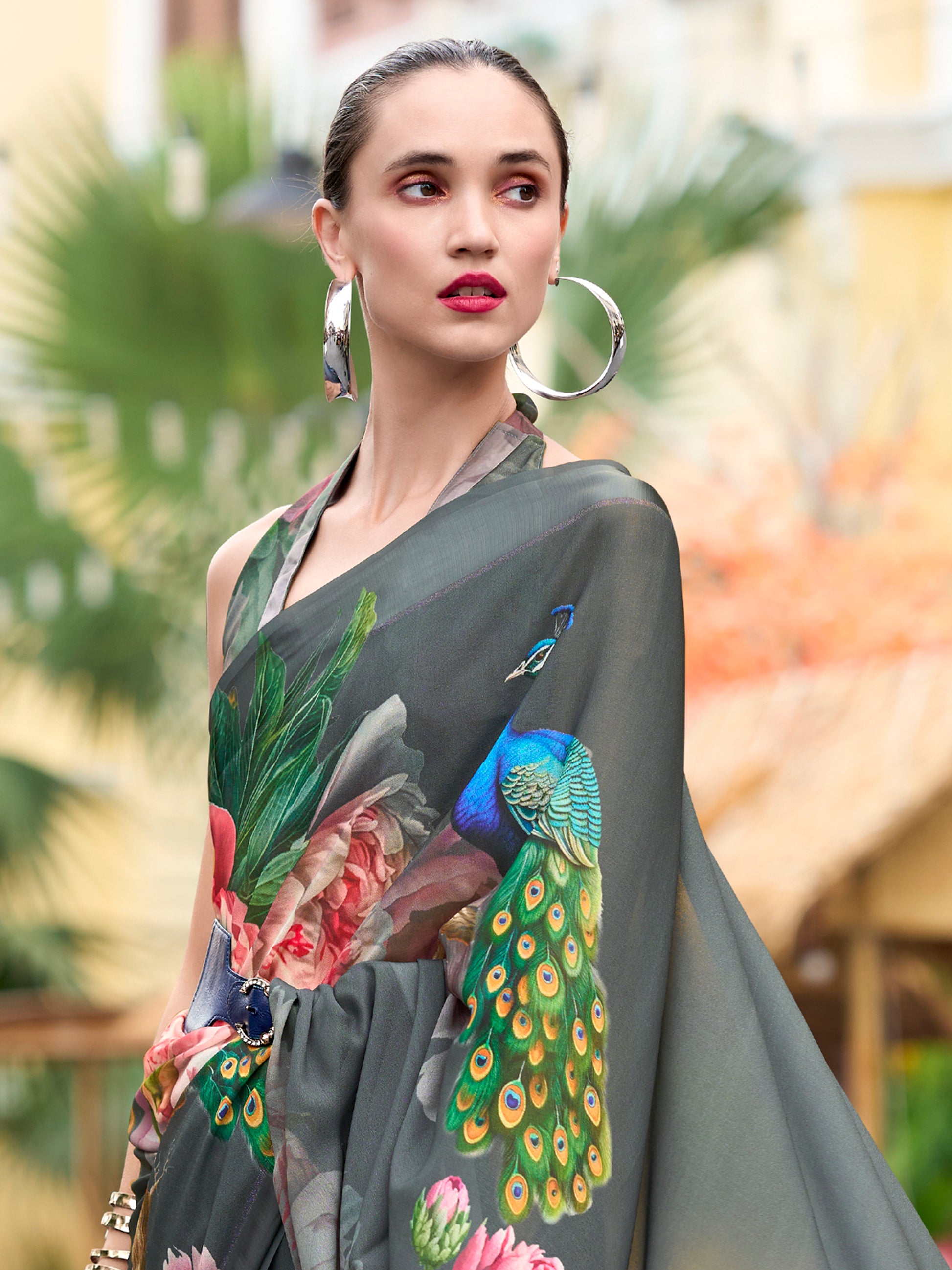 Marvelous Grey Floral Printed Georgette Casual Wear Saree With Blouse