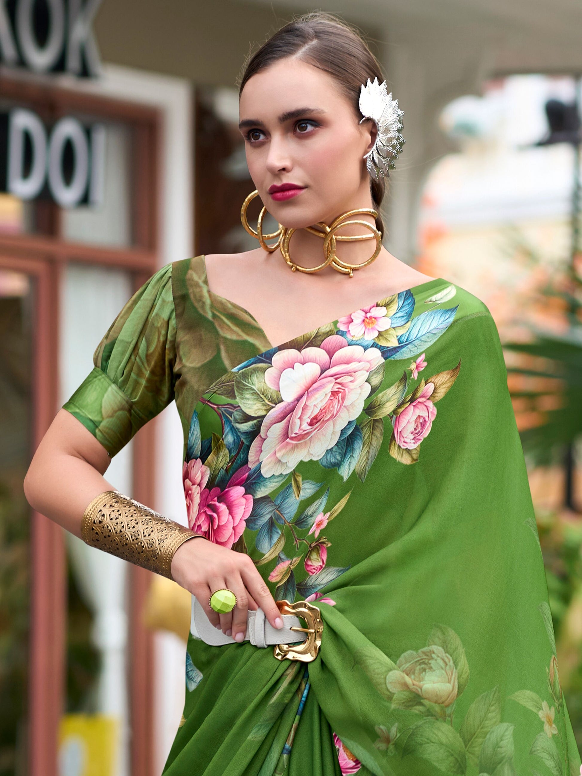 Fantastic Green Floral Printed Georgette Festival Wear Saree With Blouse