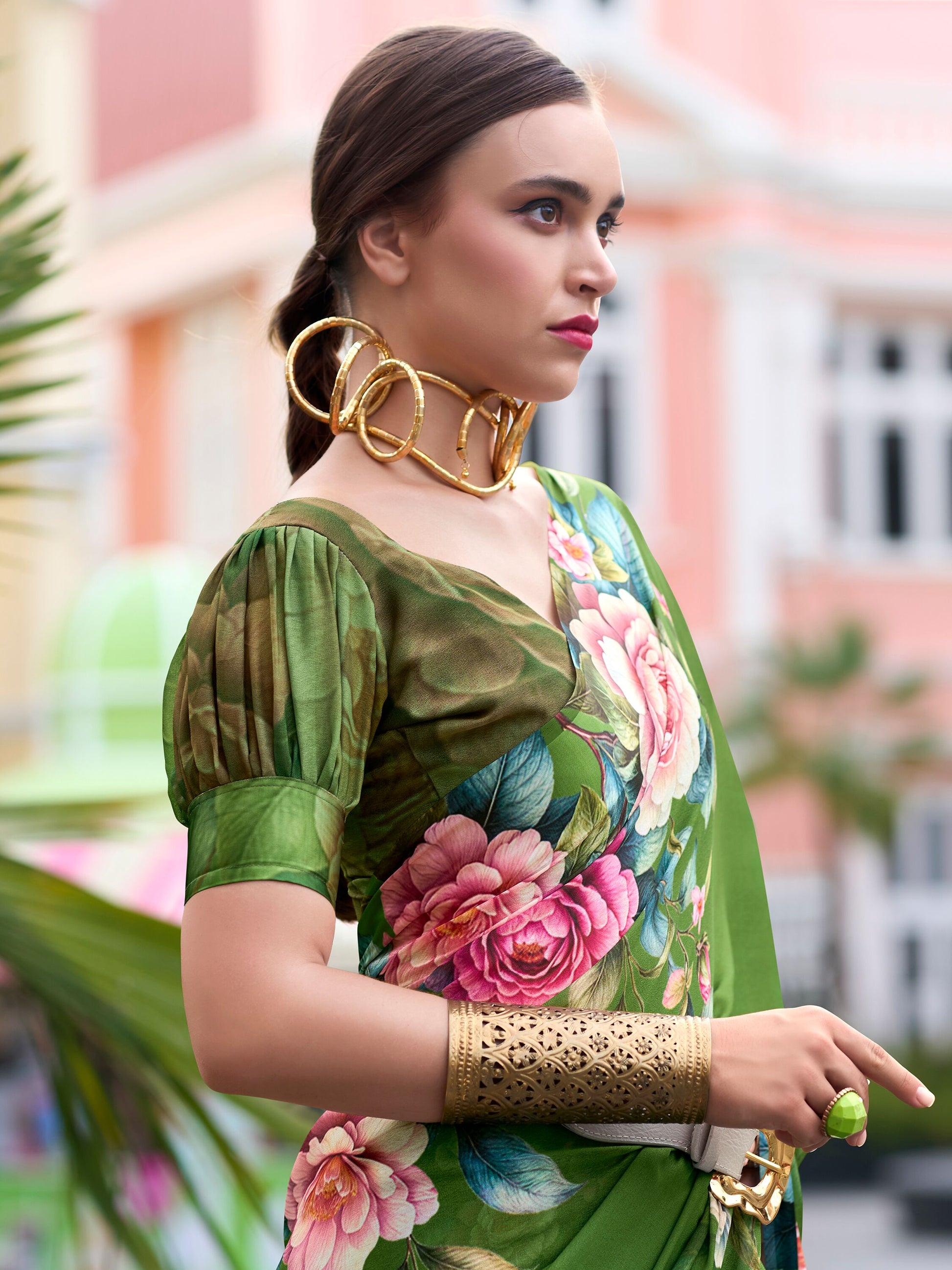 Fantastic Green Floral Printed Georgette Festival Wear Saree With Blouse