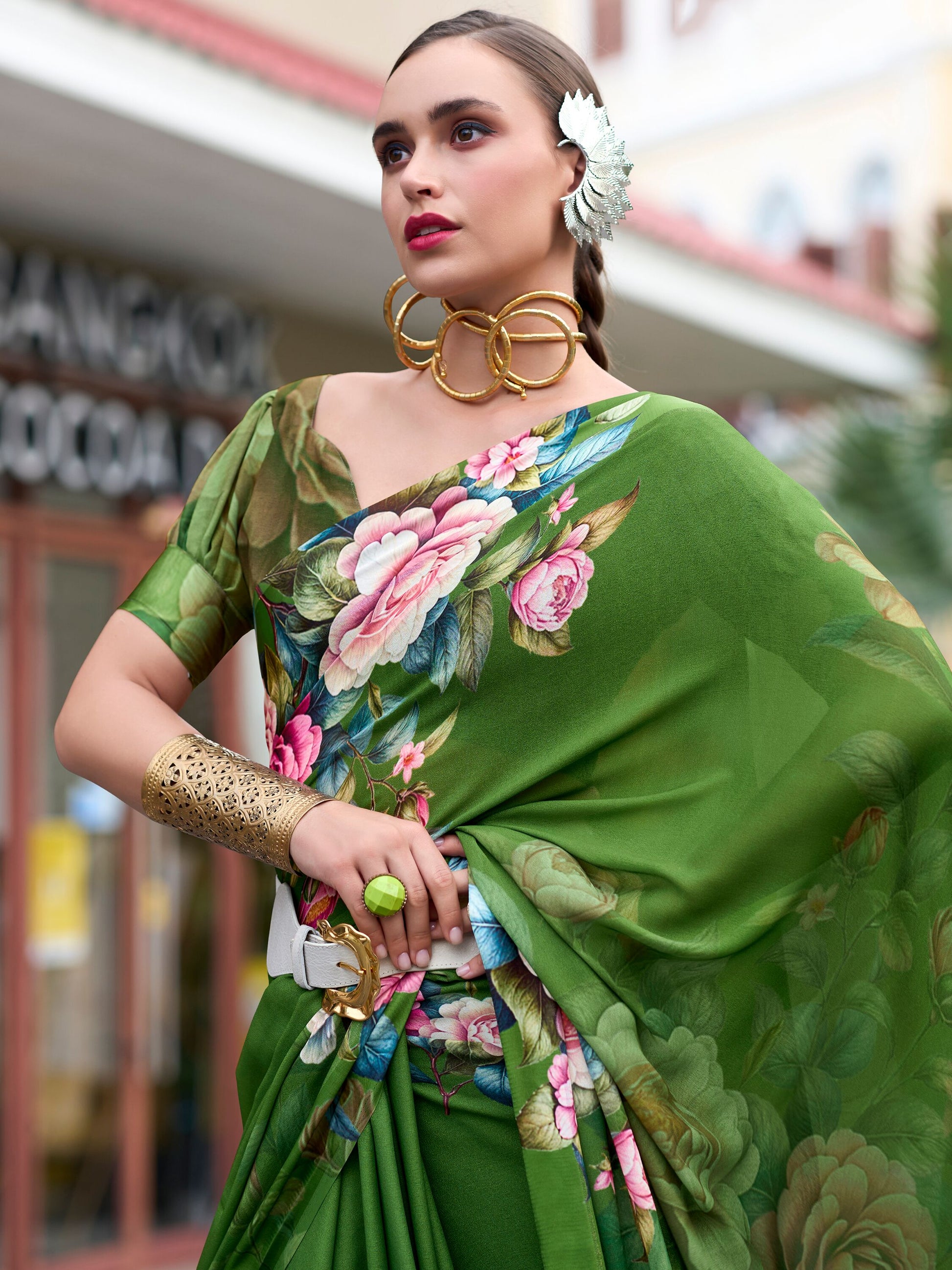 Fantastic Green Floral Printed Georgette Festival Wear Saree With Blouse