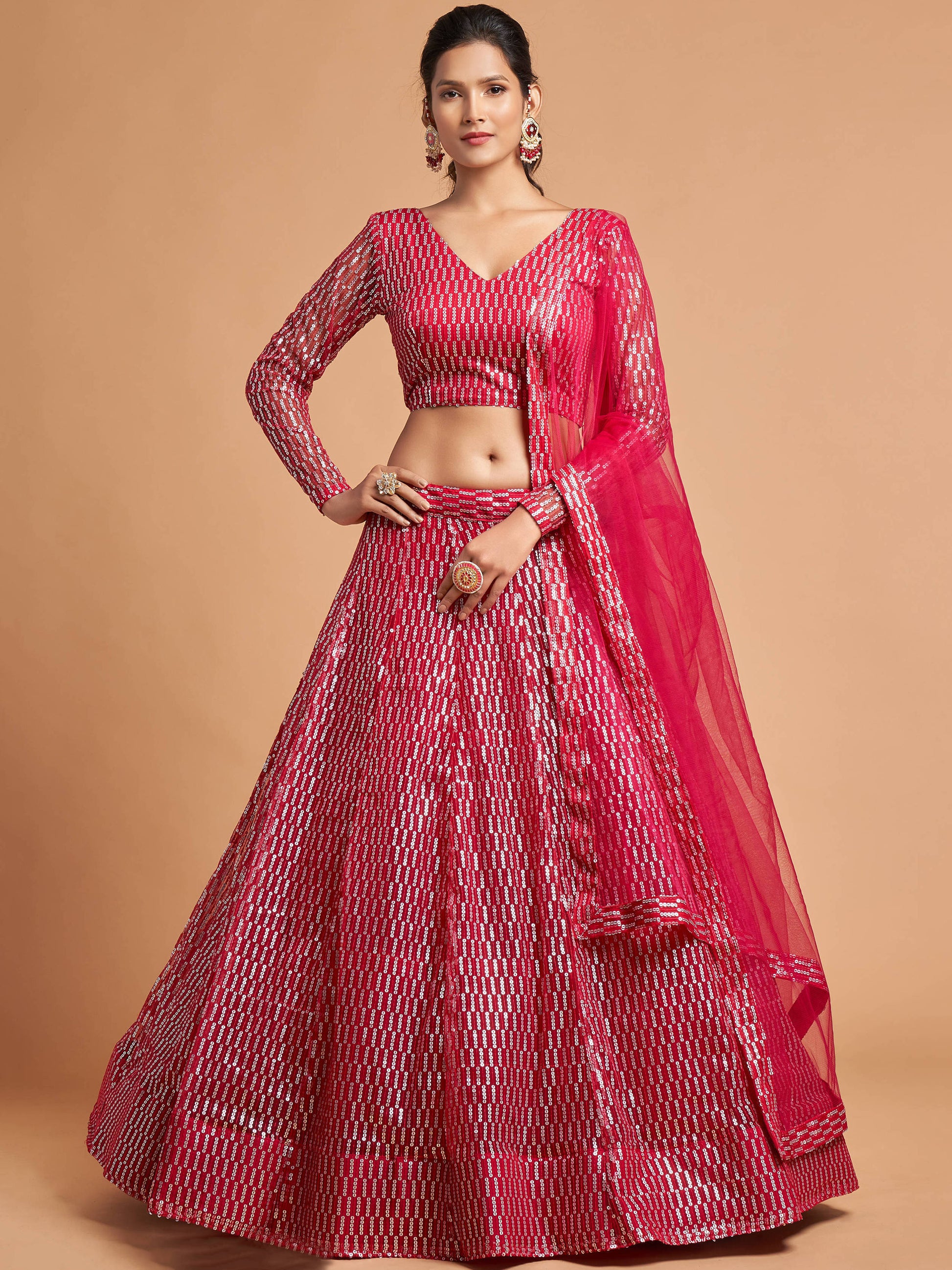 Superb Hot Pink Thread Embroidered Net Party Wear Lehenga Choli