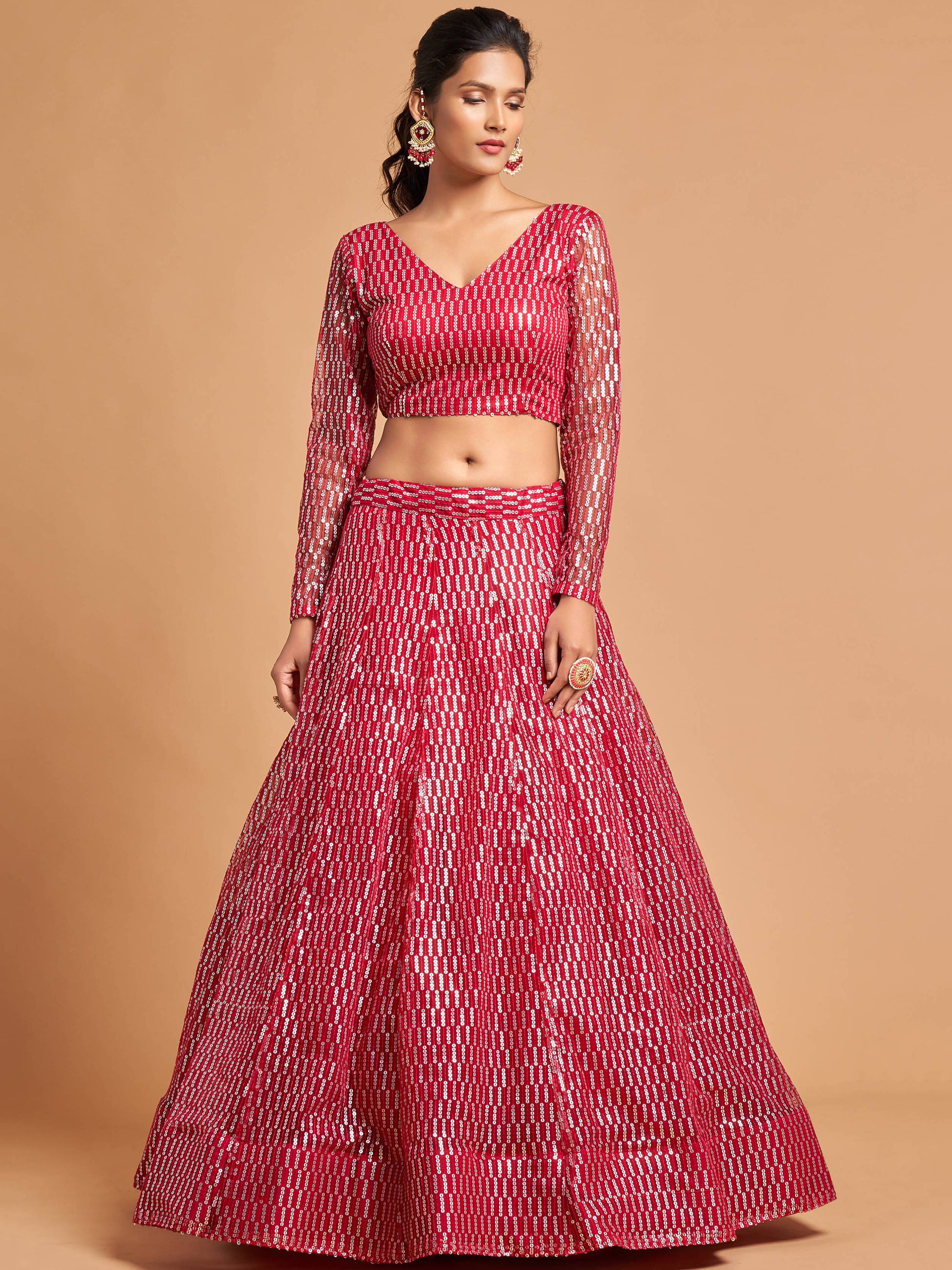 Superb Hot Pink Thread Embroidered Net Party Wear Lehenga Choli