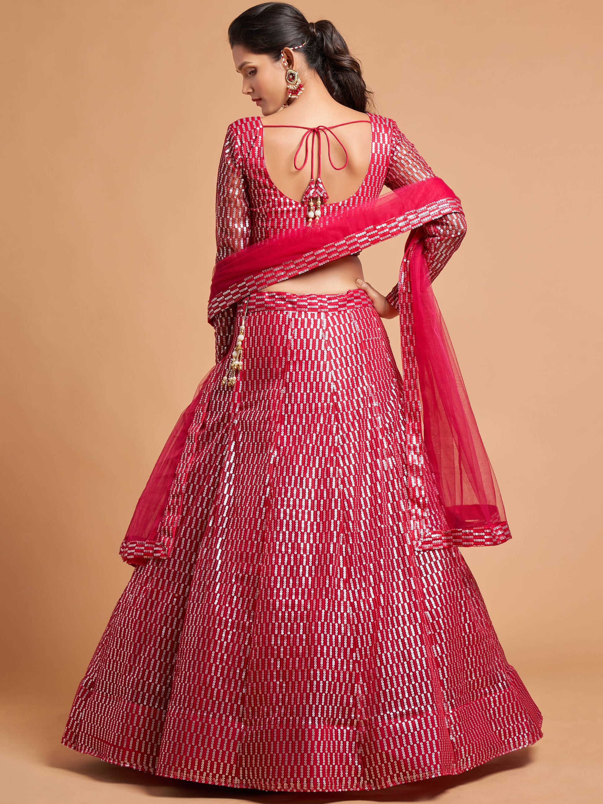 Superb Hot Pink Thread Embroidered Net Party Wear Lehenga Choli