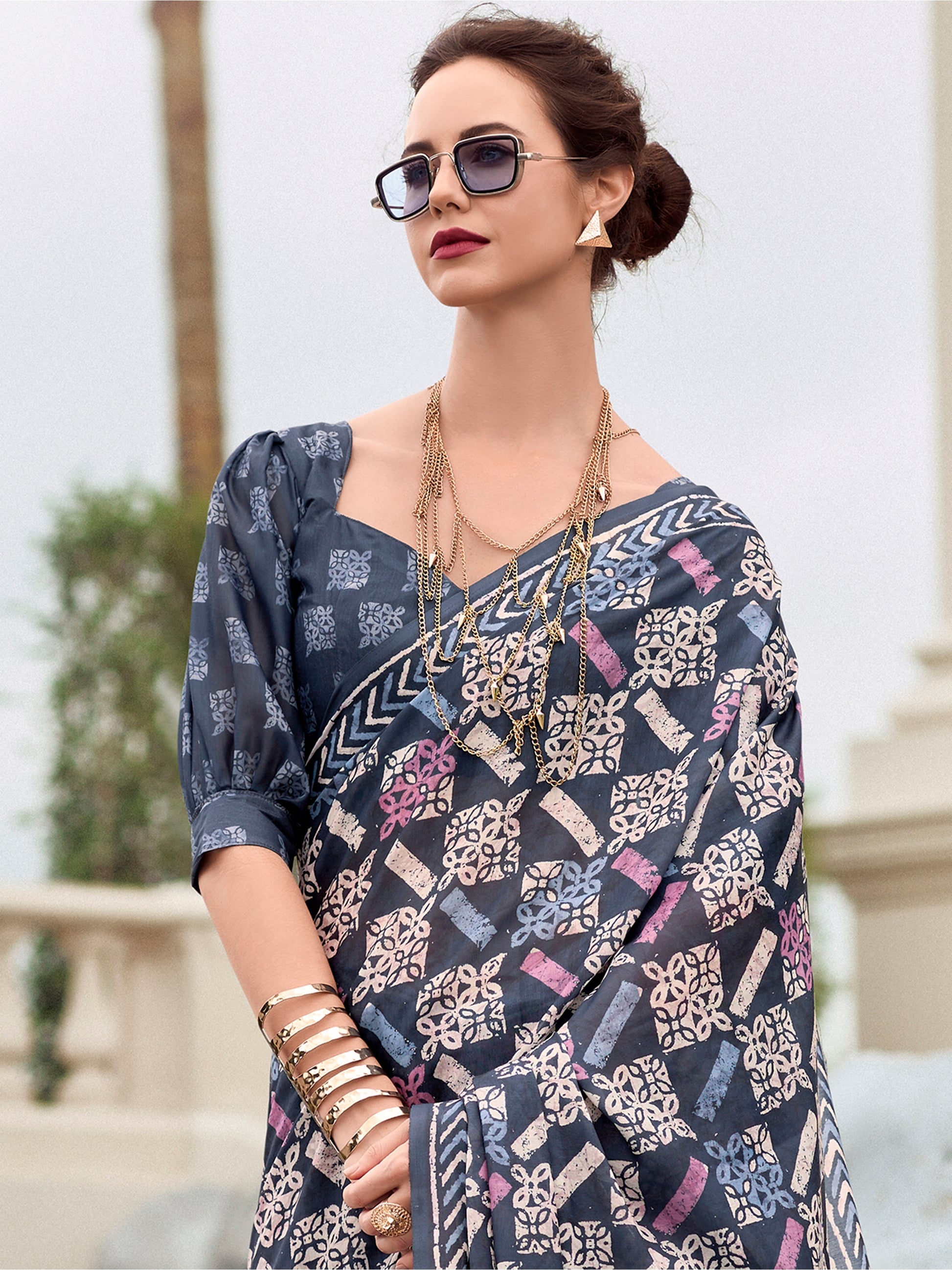 Gorgeous Navy Blue Printed Silk Office Wear Saree With Blouse