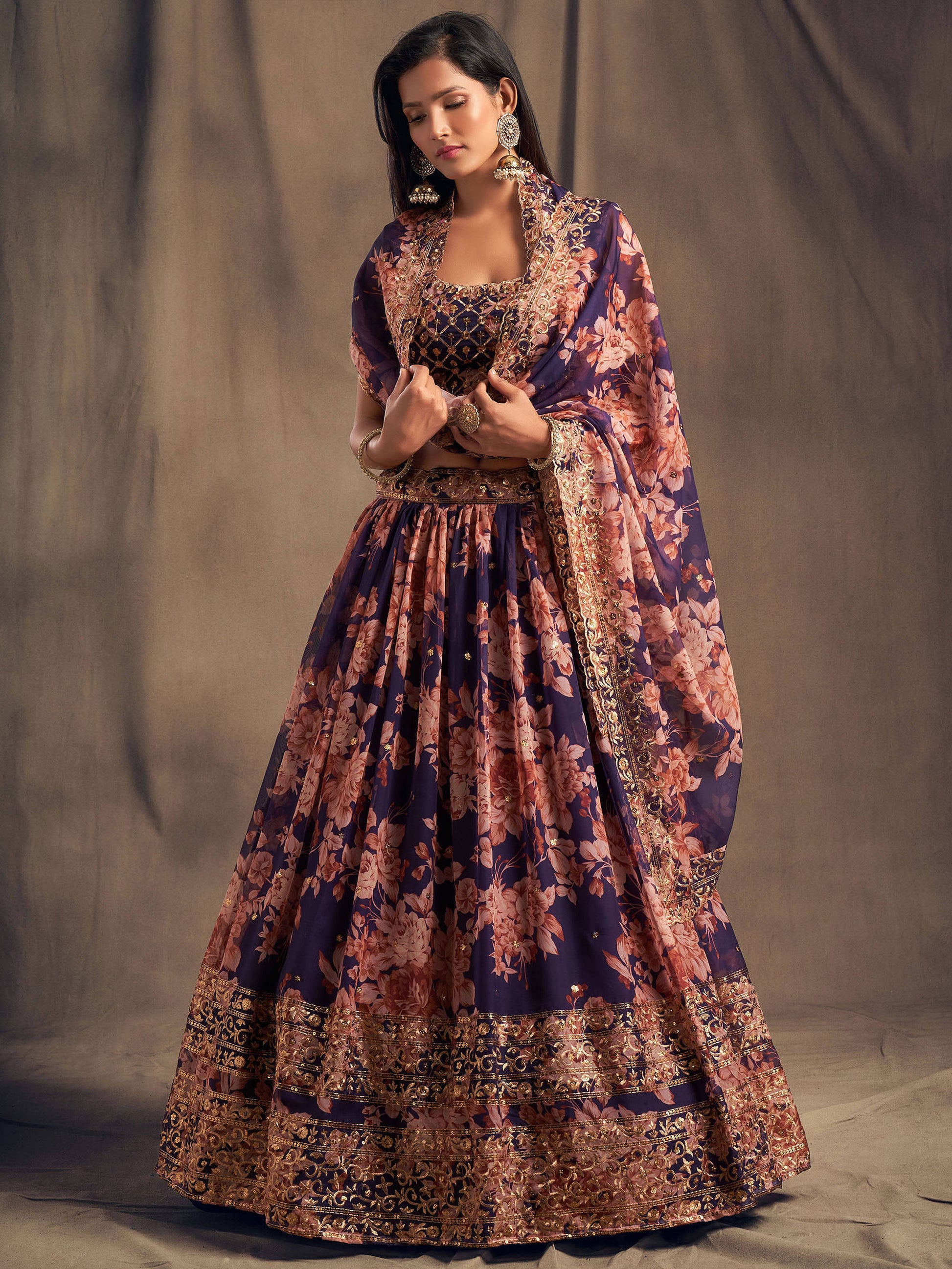 Purple Floral Printed Organza Festival Lehenga Choli
