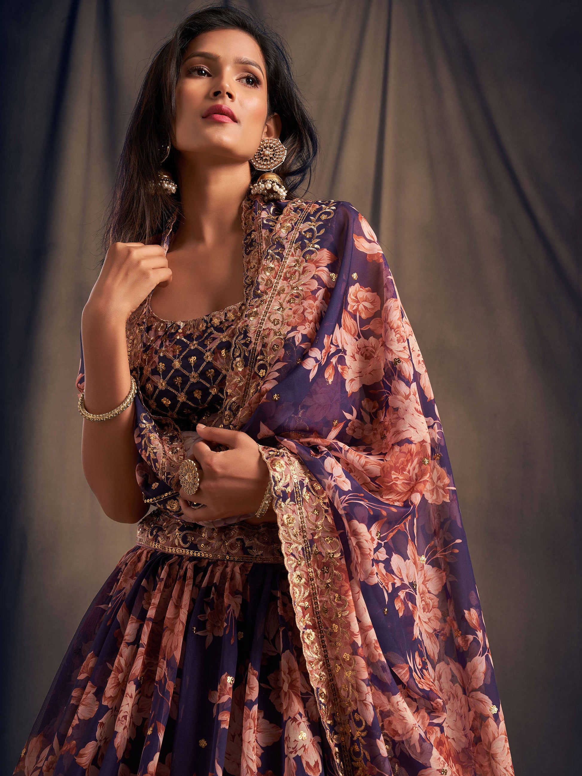 Purple Floral Printed Organza Festival Lehenga Choli